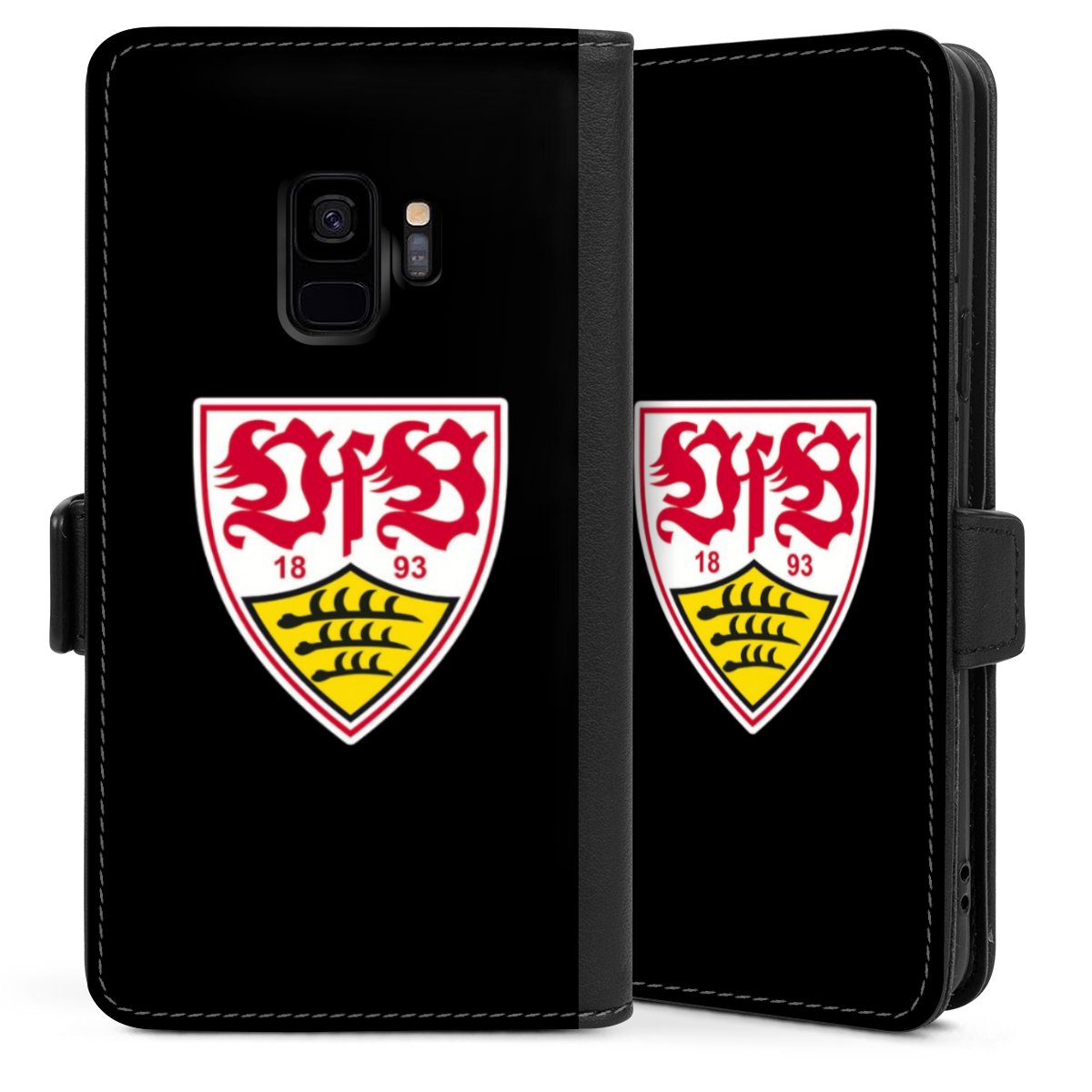 Galaxy S9 Handy Klapphülle Handyhülle aus Kunst Leder schwarz Flip Case Vfb Stuttgart Official Licensed Product Coat Of Arms Sideflip mit Lasche