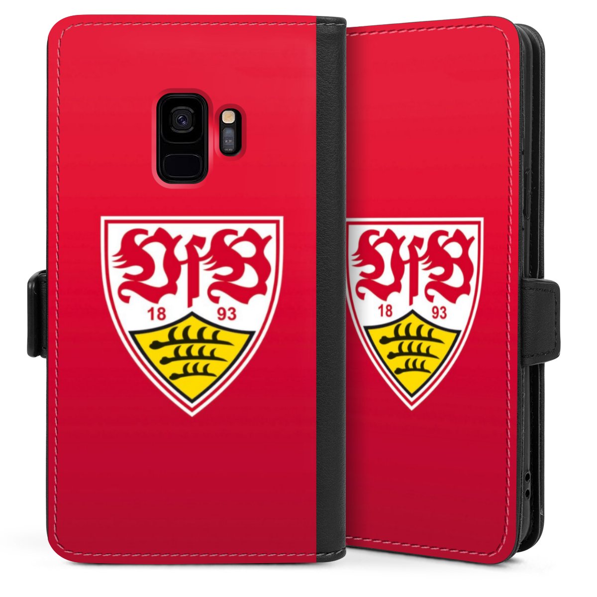 Galaxy S9 Handy Klapphülle Handyhülle aus Kunst Leder schwarz Flip Case Official Licensed Product Vfb Stuttgart Sideflip mit Lasche