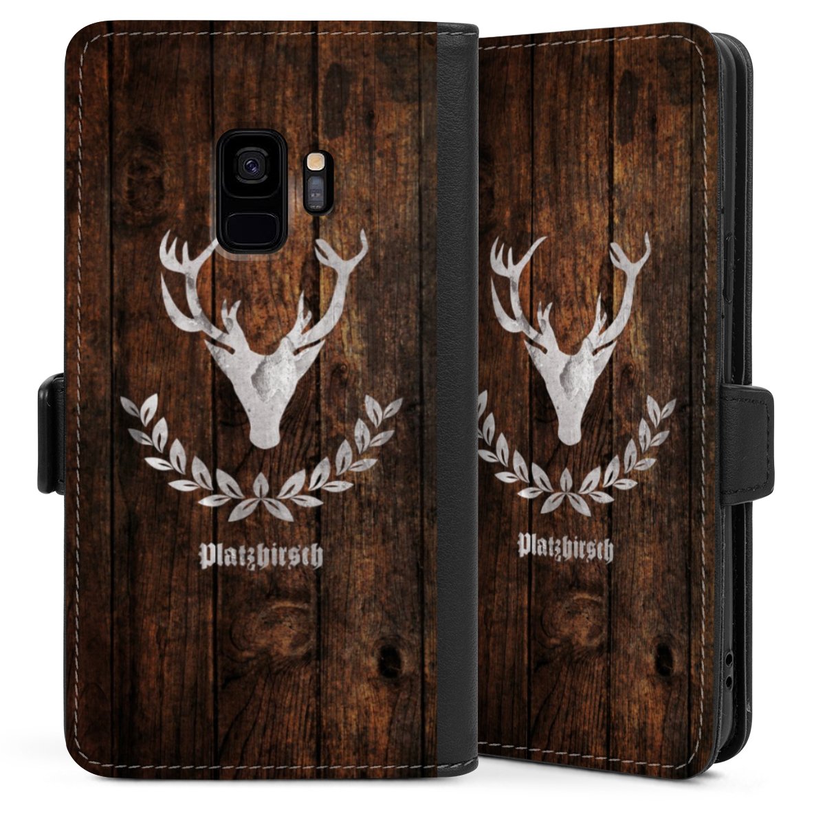 Galaxy S9 Handy Klapphülle Handyhülle aus Kunst Leder schwarz Flip Case Deer Wood Wooden Look Sideflip mit Lasche