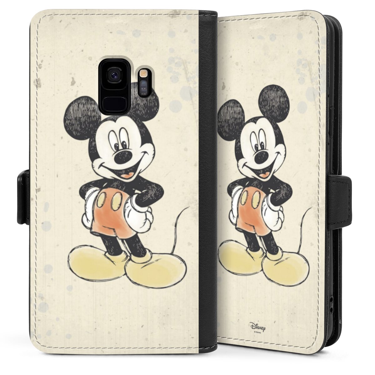 Galaxy S9 Handy Klapphülle Handyhülle aus Kunst Leder schwarz Flip Case Water Colour Mickey & Minnie Mouse Official Licensed Product Sideflip mit Lasche