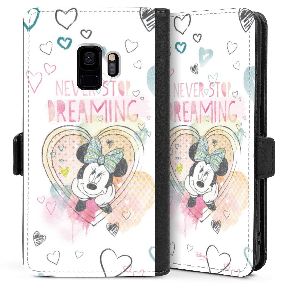 Galaxy S9 Handy Klapphülle Handyhülle aus Kunst Leder schwarz Flip Case Disney Official Licensed Product Minnie Mouse Sideflip mit Lasche