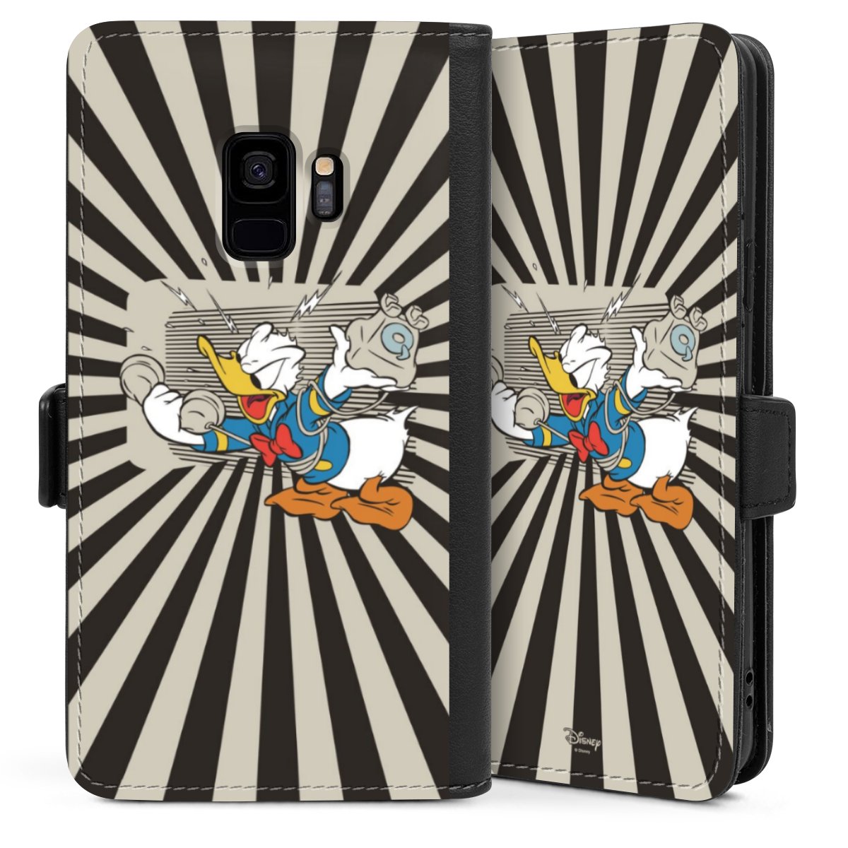 Galaxy S9 Handy Klapphülle Handyhülle aus Kunst Leder schwarz Flip Case Donald Duck Disney Official Licensed Product Sideflip mit Lasche