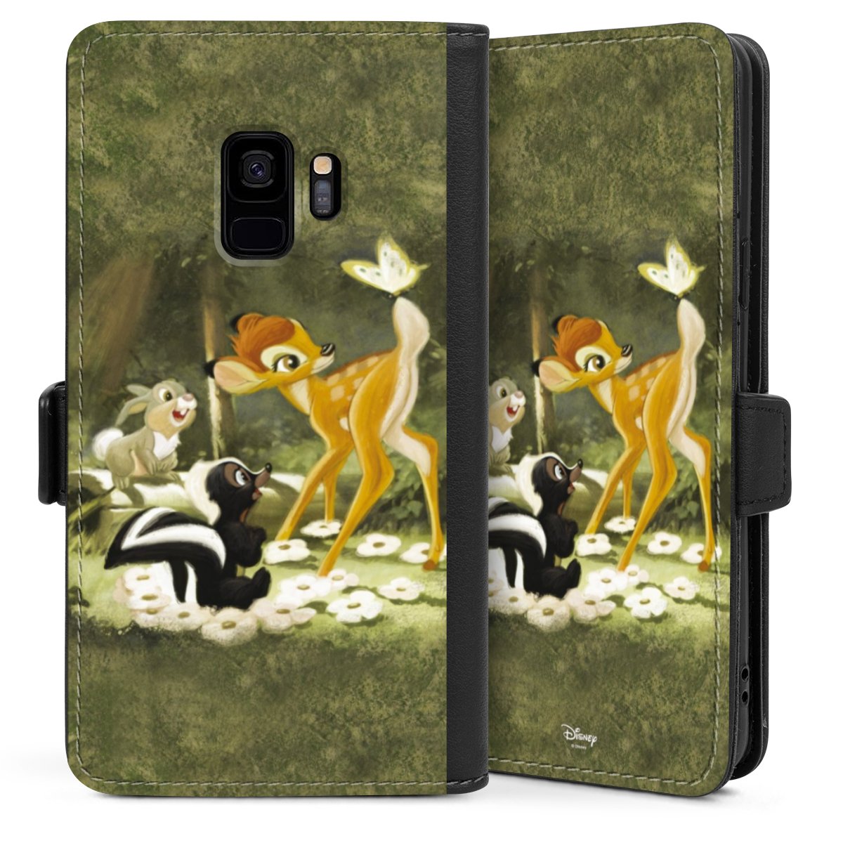 Galaxy S9 Handy Klapphülle Handyhülle aus Kunst Leder schwarz Flip Case Disney Official Licensed Product Bambi Sideflip mit Lasche