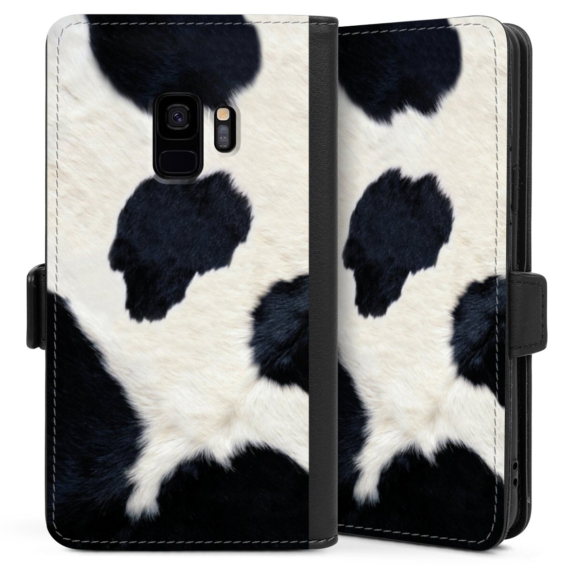 Galaxy S9 Handy Klapphülle Handyhülle aus Kunst Leder schwarz Flip Case Animal Look Animal Print Cow Skin Sideflip mit Lasche