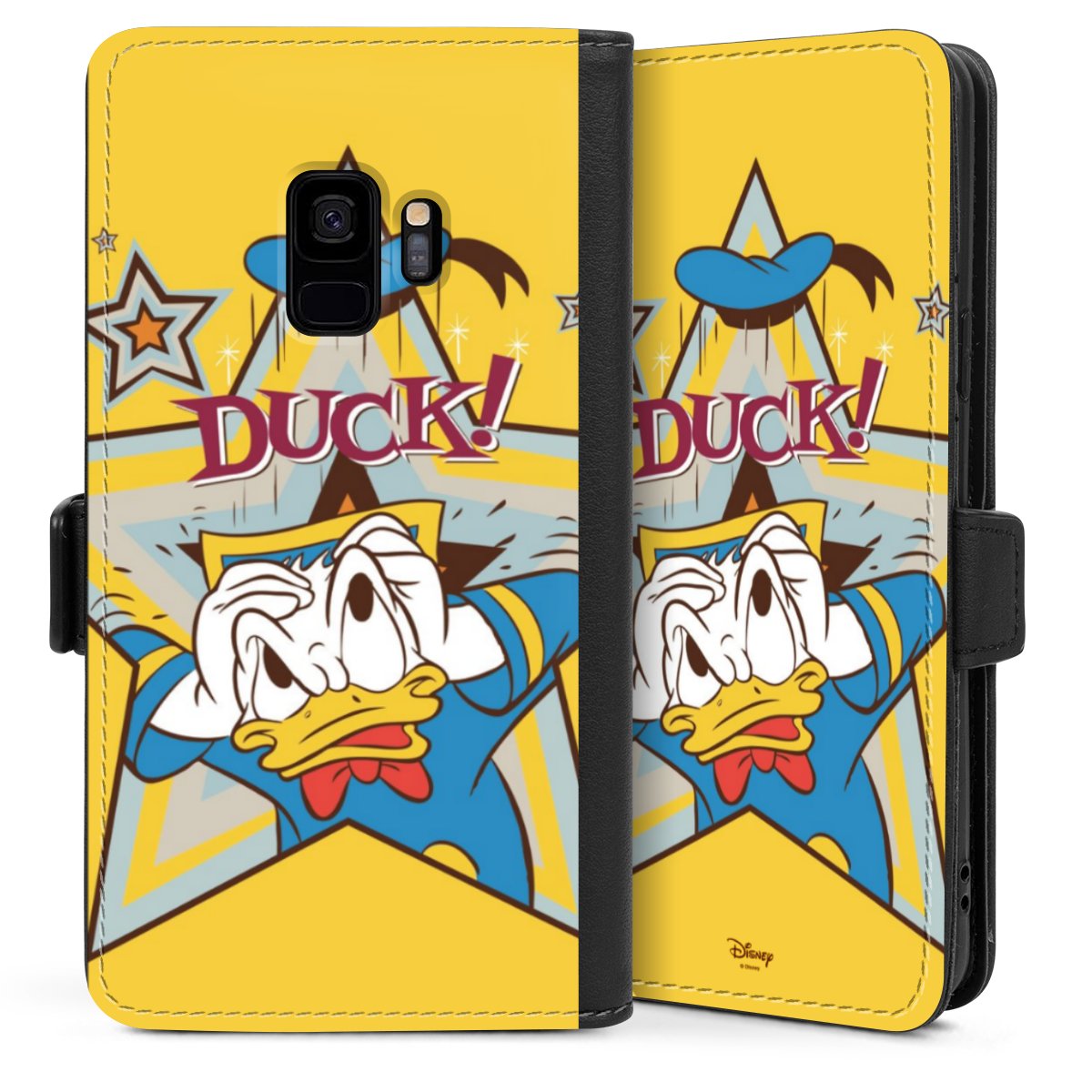 Galaxy S9 Handy Klapphülle Handyhülle aus Kunst Leder schwarz Flip Case Official Licensed Product Donald Duck Disney Sideflip mit Lasche