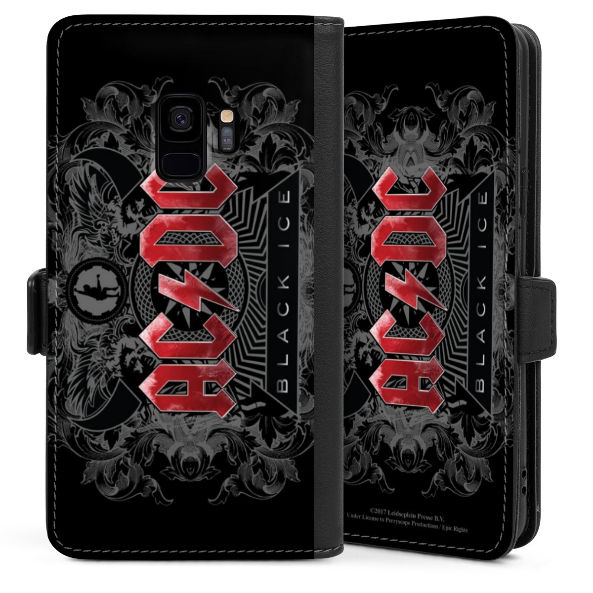 Galaxy S9 Handy Klapphülle Handyhülle aus Kunst Leder schwarz Flip Case Merchandise Black Ice Acdc Sideflip mit Lasche