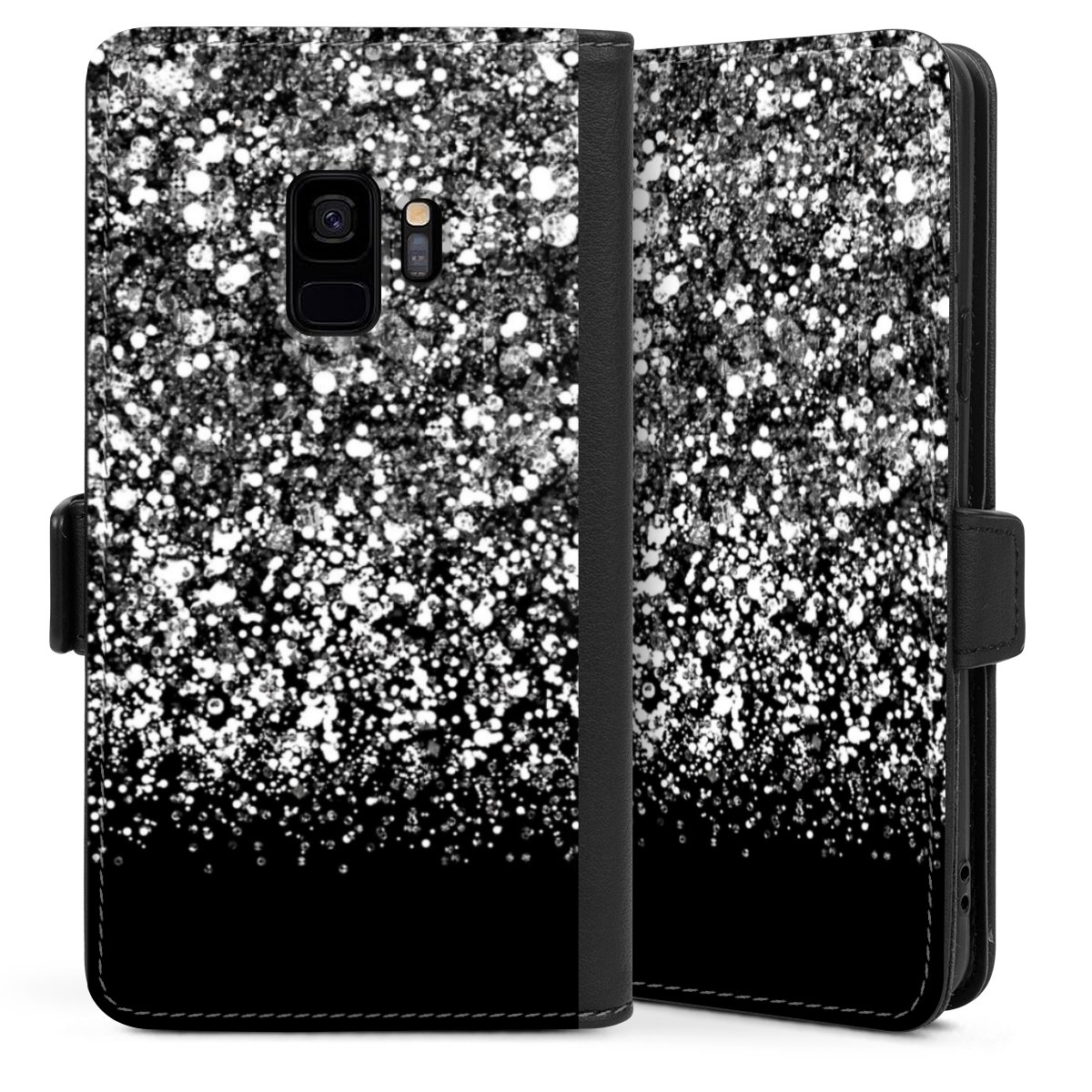 Galaxy S9 Handy Klapphülle Handyhülle aus Kunst Leder schwarz Flip Case Glitzer Snowflake Muster Sideflip mit Lasche