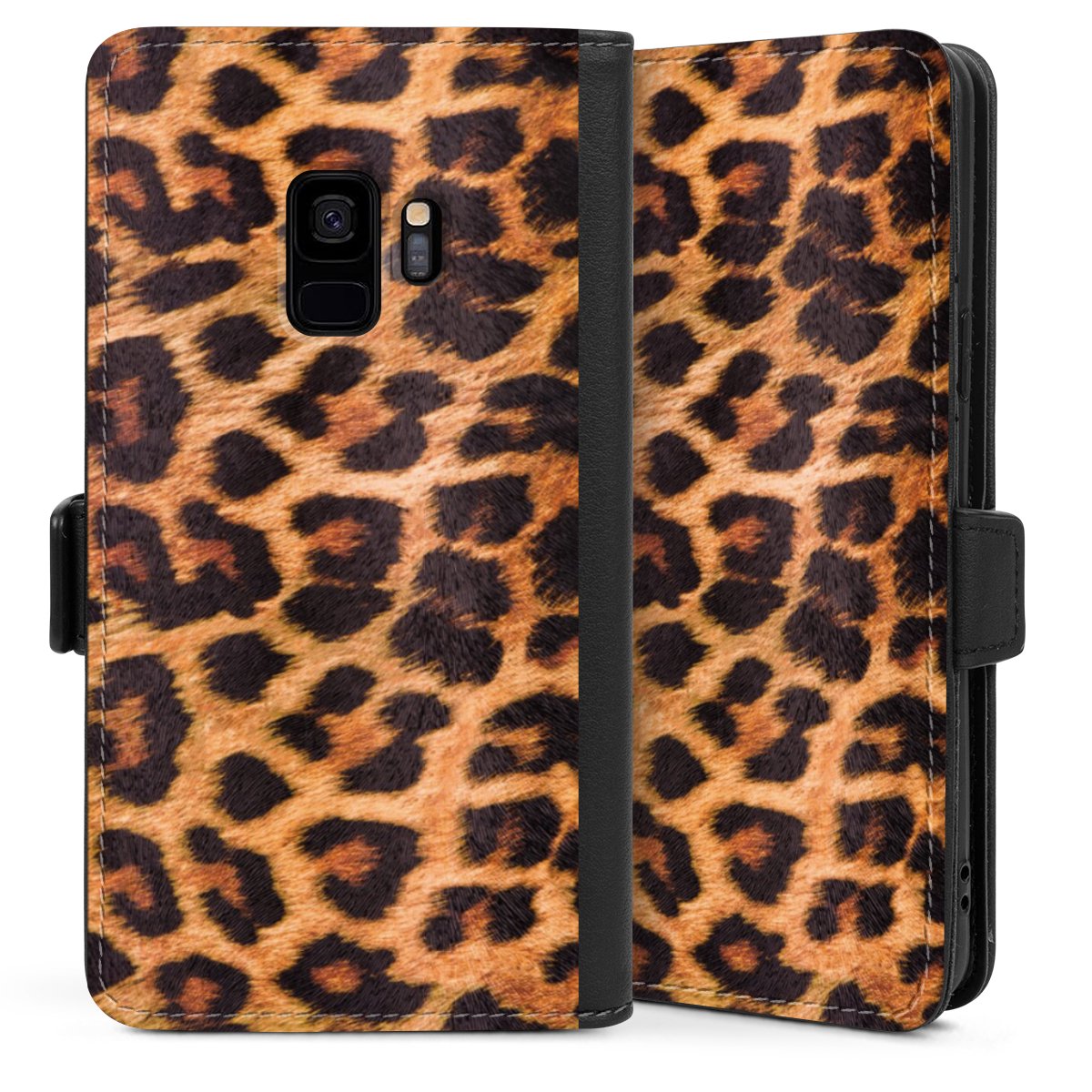 Galaxy S9 Handy Klapphülle Handyhülle aus Kunst Leder schwarz Flip Case Animal Print Leopard Fur Sideflip mit Lasche