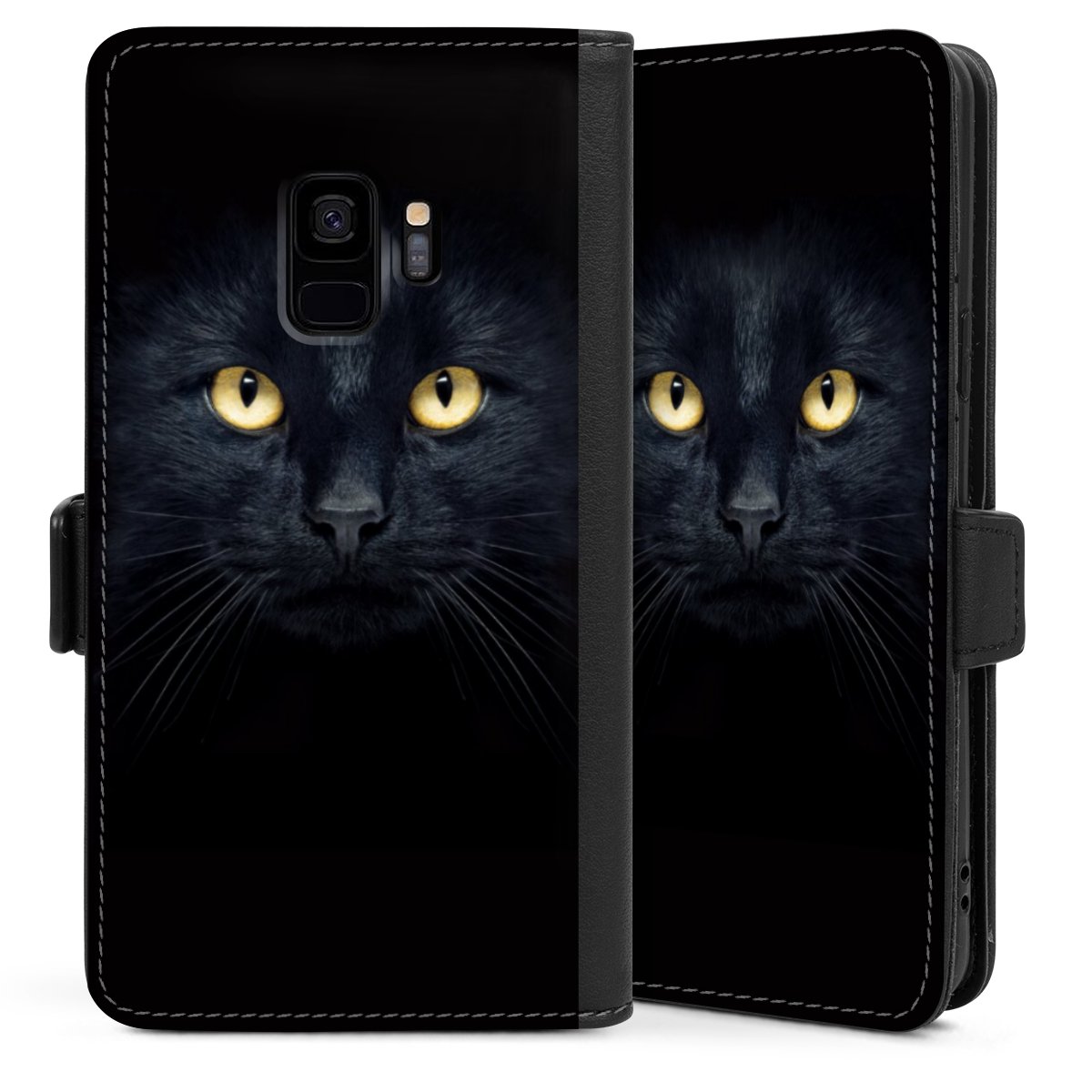 Galaxy S9 Handy Klapphülle Handyhülle aus Kunst Leder schwarz Flip Case Eye Cat Black Sideflip mit Lasche