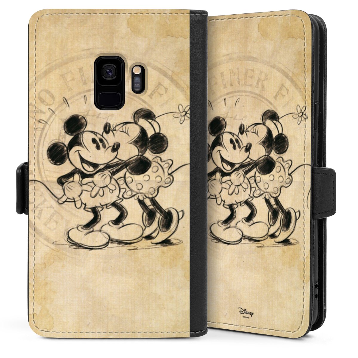 Galaxy S9 Handy Klapphülle Handyhülle aus Kunst Leder schwarz Flip Case Mickey Mouse Vintage Minnie Mouse Sideflip mit Lasche