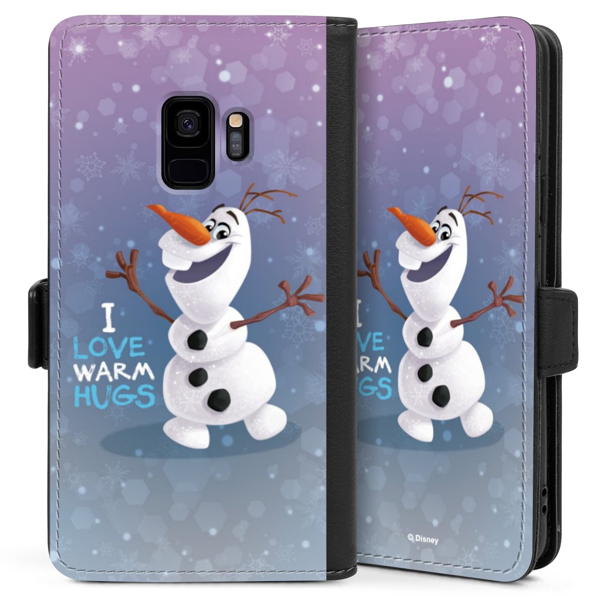 Galaxy S9 Handy Klapphülle Handyhülle aus Kunst Leder schwarz Flip Case Frozen Frozen Olaf Official Licensed Product Sideflip mit Lasche