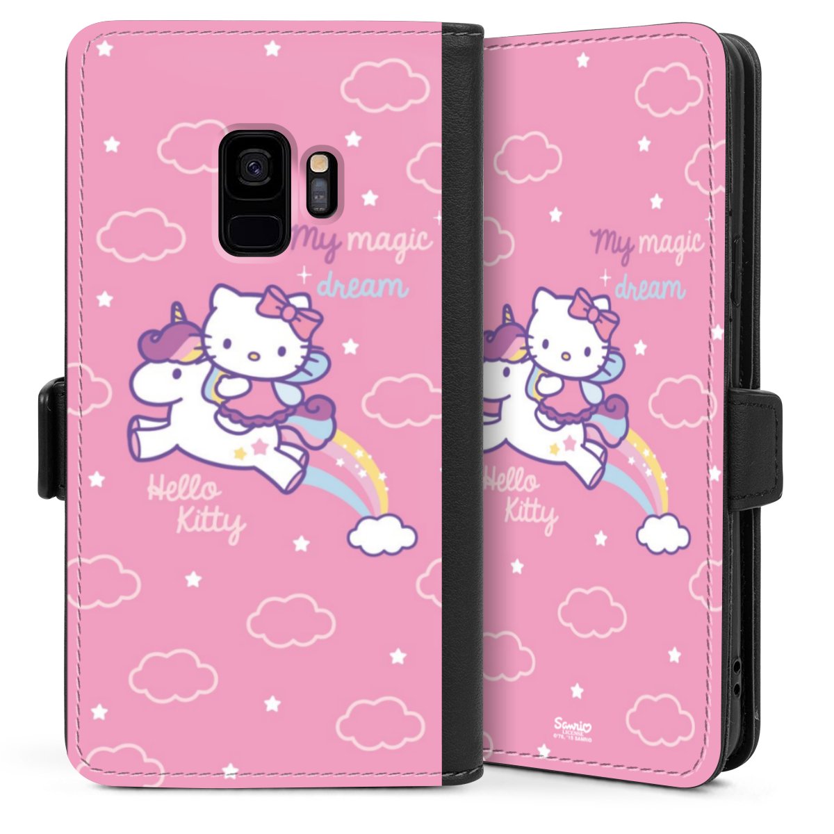 Galaxy S9 Handy Klapphülle Handyhülle aus Kunst Leder schwarz Flip Case Einhorn Official Licensed Product Hello Kitty Sideflip mit Lasche