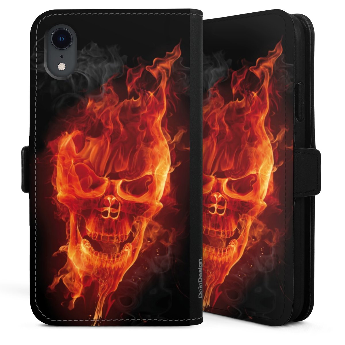 iPhone Xr Handy Klapphülle Handyhülle aus Kunst Leder schwarz Flip Case Totenkopf Skull Fire Sideflip mit Lasche