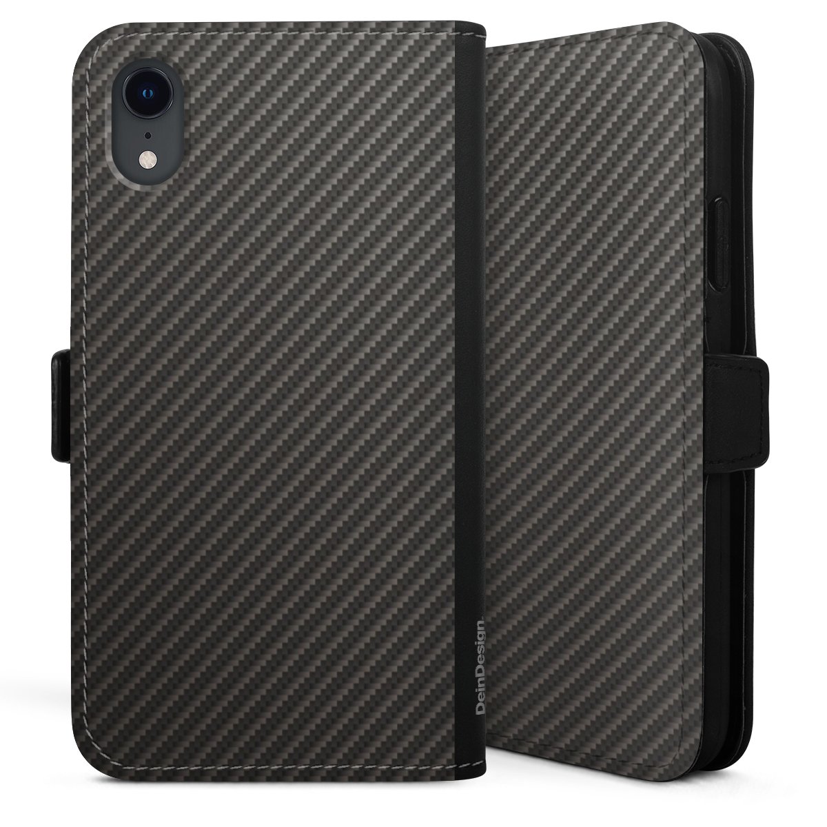 iPhone Xr Handy Klapphülle Handyhülle aus Kunst Leder schwarz Flip Case Metallic Look Carbon Muster Sideflip mit Lasche