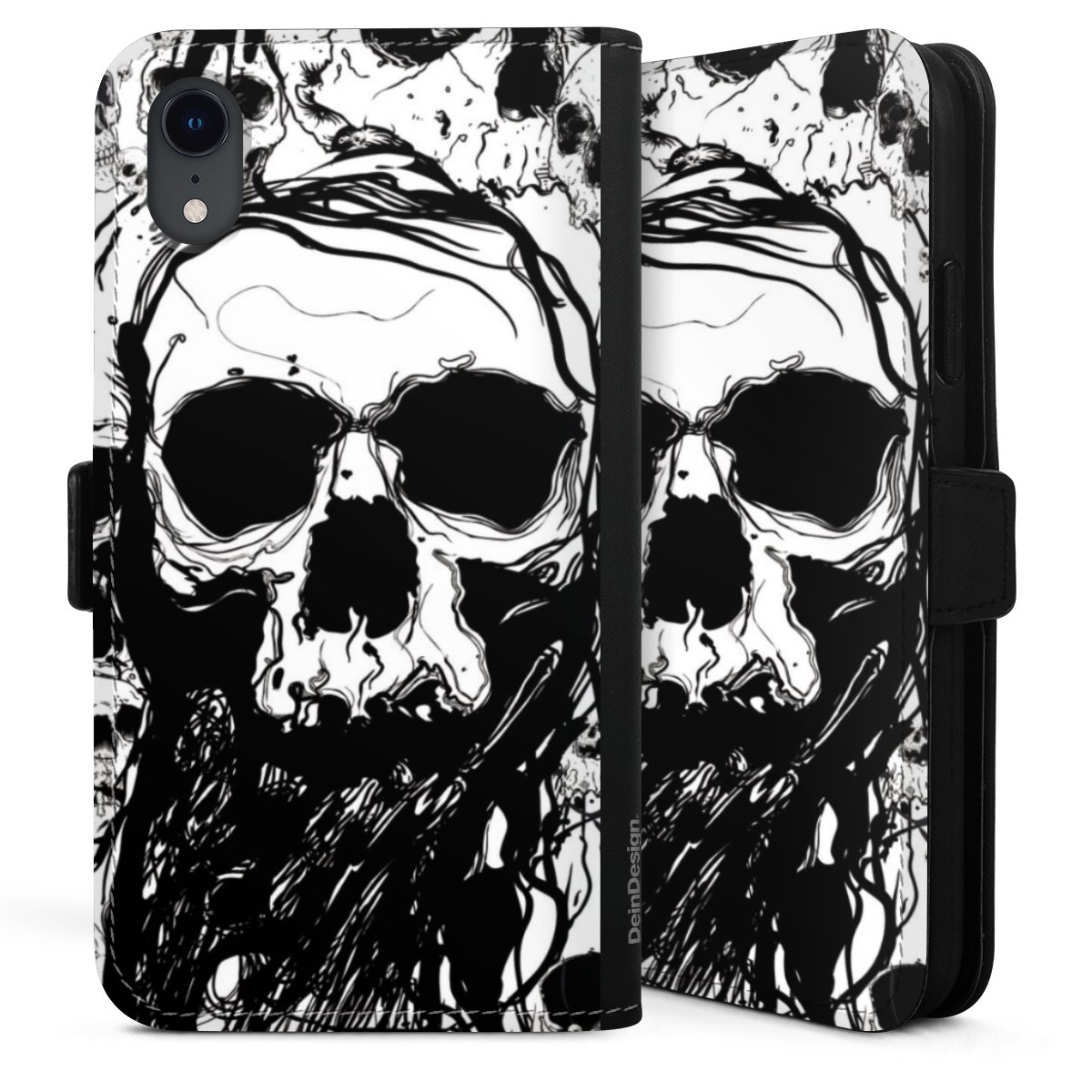 iPhone Xr Handy Klapphülle Handyhülle aus Kunst Leder schwarz Flip Case Totenkopf Halloween Sideflip mit Lasche