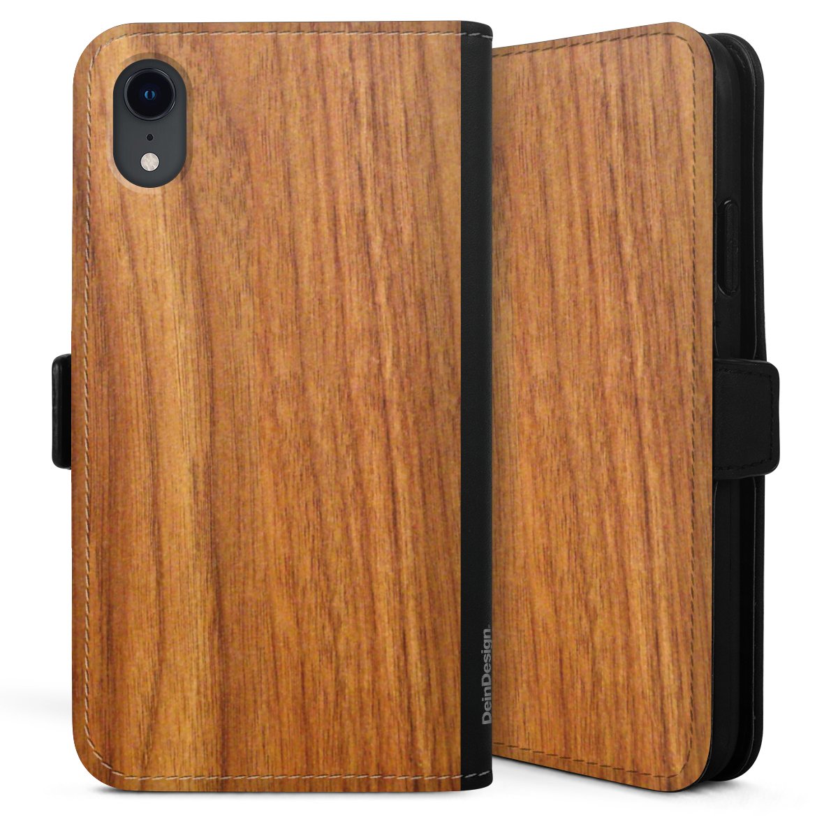 iPhone Xr Handy Klapphülle Handyhülle aus Kunst Leder schwarz Flip Case Wood Larch Wooden Look Sideflip mit Lasche