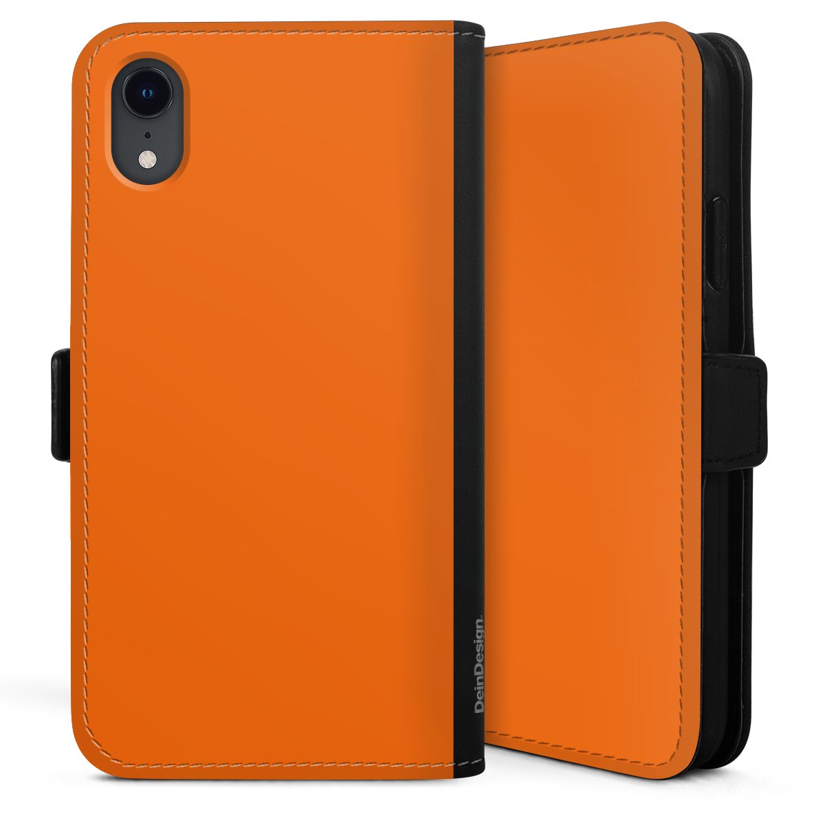 iPhone Xr Handy Klapphülle Handyhülle aus Kunst Leder schwarz Flip Case Orange Colour Unicoloured Sideflip mit Lasche