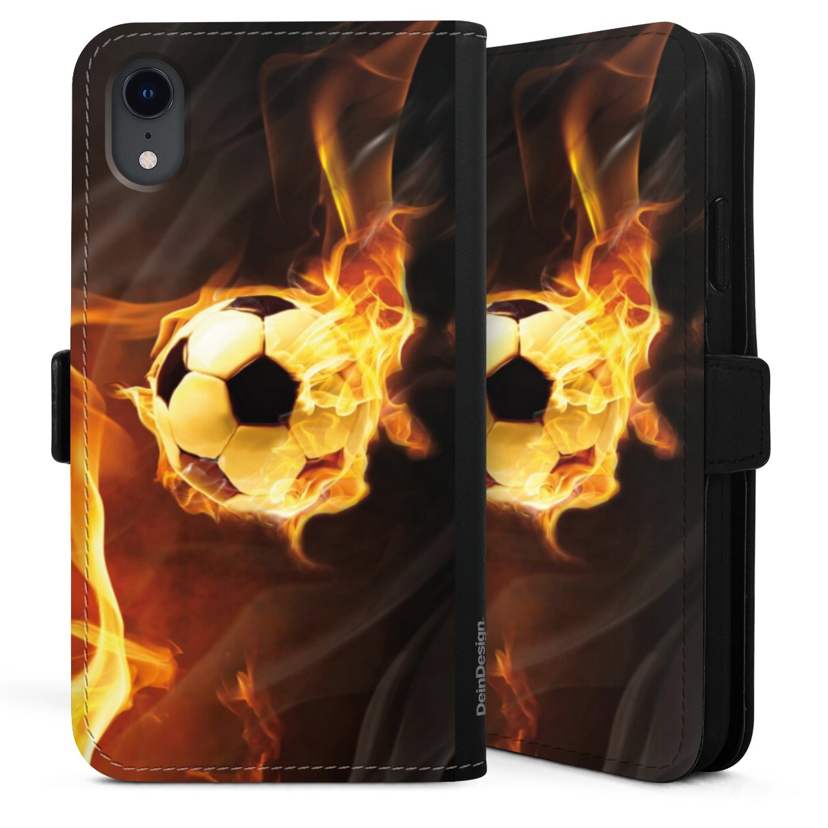 iPhone Xr Handy Klapphülle Handyhülle aus Kunst Leder schwarz Flip Case Ball Fire Soccer Sideflip mit Lasche