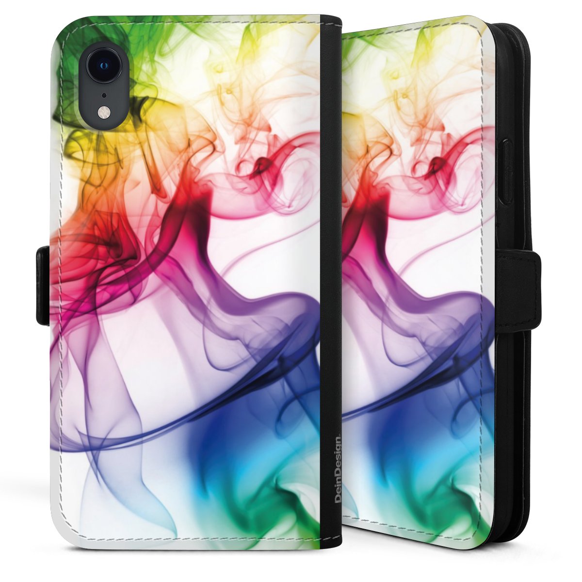 iPhone Xr Handy Klapphülle Handyhülle aus Kunst Leder schwarz Flip Case Water Colour Rainbow Sideflip mit Lasche