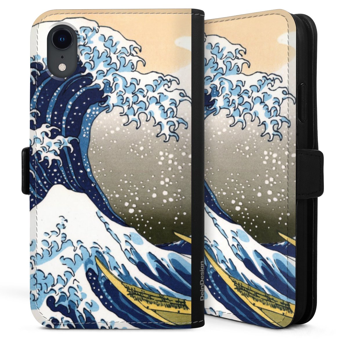 iPhone Xr Handy Klapphülle Handyhülle aus Kunst Leder schwarz Flip Case Kunst Katsushika Hokusai Die Große Welle Vor Kanagawa Sideflip mit Lasche