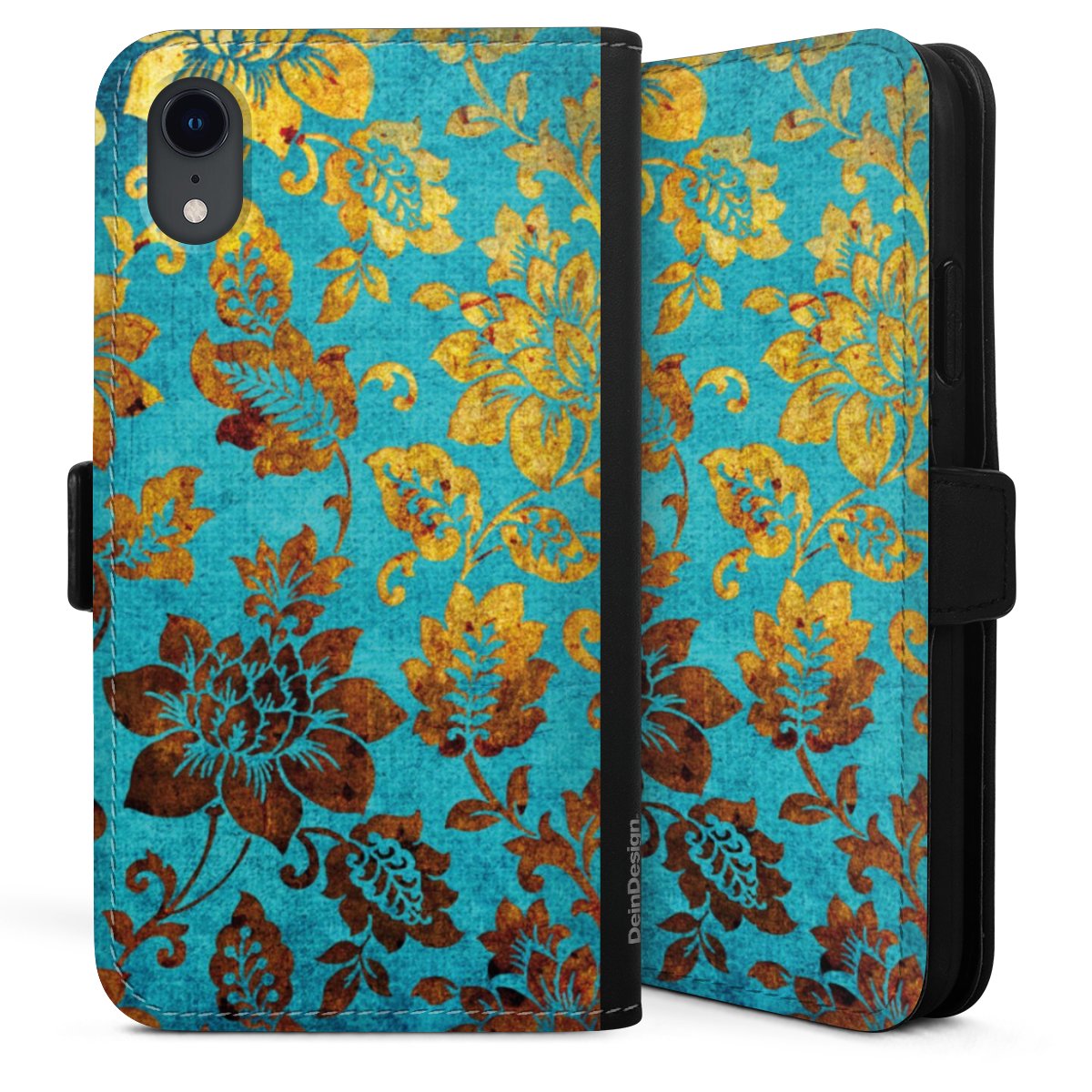 iPhone Xr Handy Klapphülle Handyhülle aus Kunst Leder schwarz Flip Case Ornament Vintage Flowers Sideflip mit Lasche