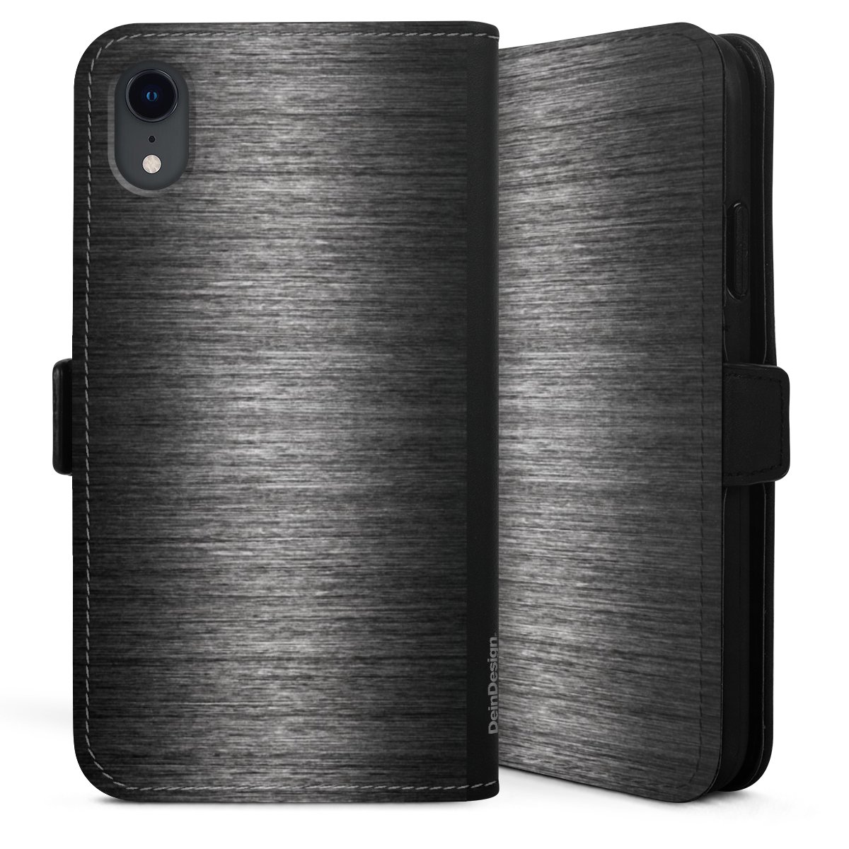 iPhone Xr Handy Klapphülle Handyhülle aus Kunst Leder schwarz Flip Case Metallic Look Anthracite Metal Sideflip mit Lasche