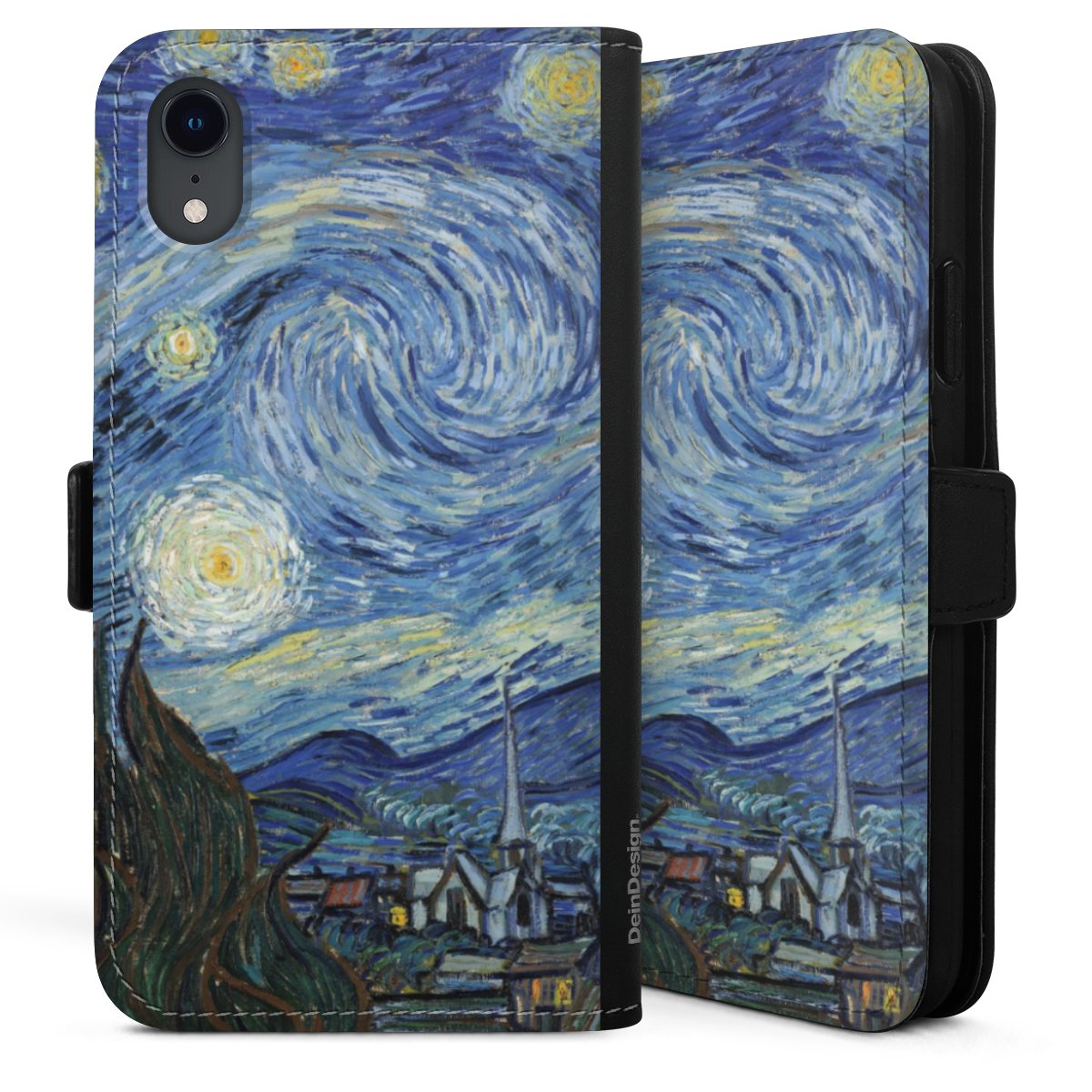 iPhone Xr Handy Klapphülle Handyhülle aus Kunst Leder schwarz Flip Case The Starry Night Kunst Vincent Van Gogh Sideflip mit Lasche