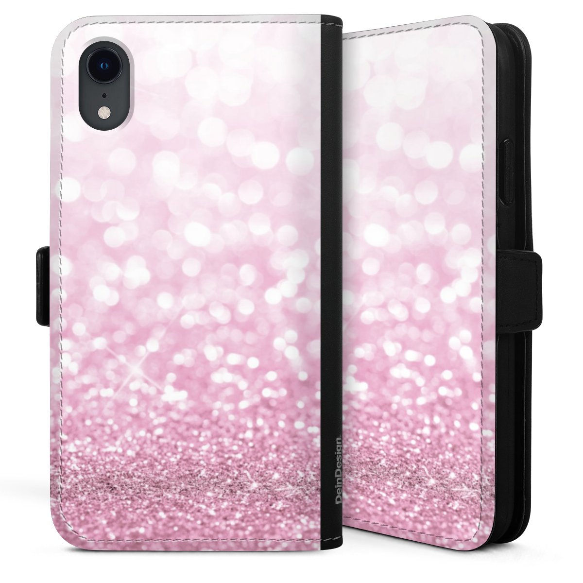 iPhone Xr Handy Klapphülle Handyhülle aus Kunst Leder schwarz Flip Case Glitzer Pink Shine Sideflip mit Lasche