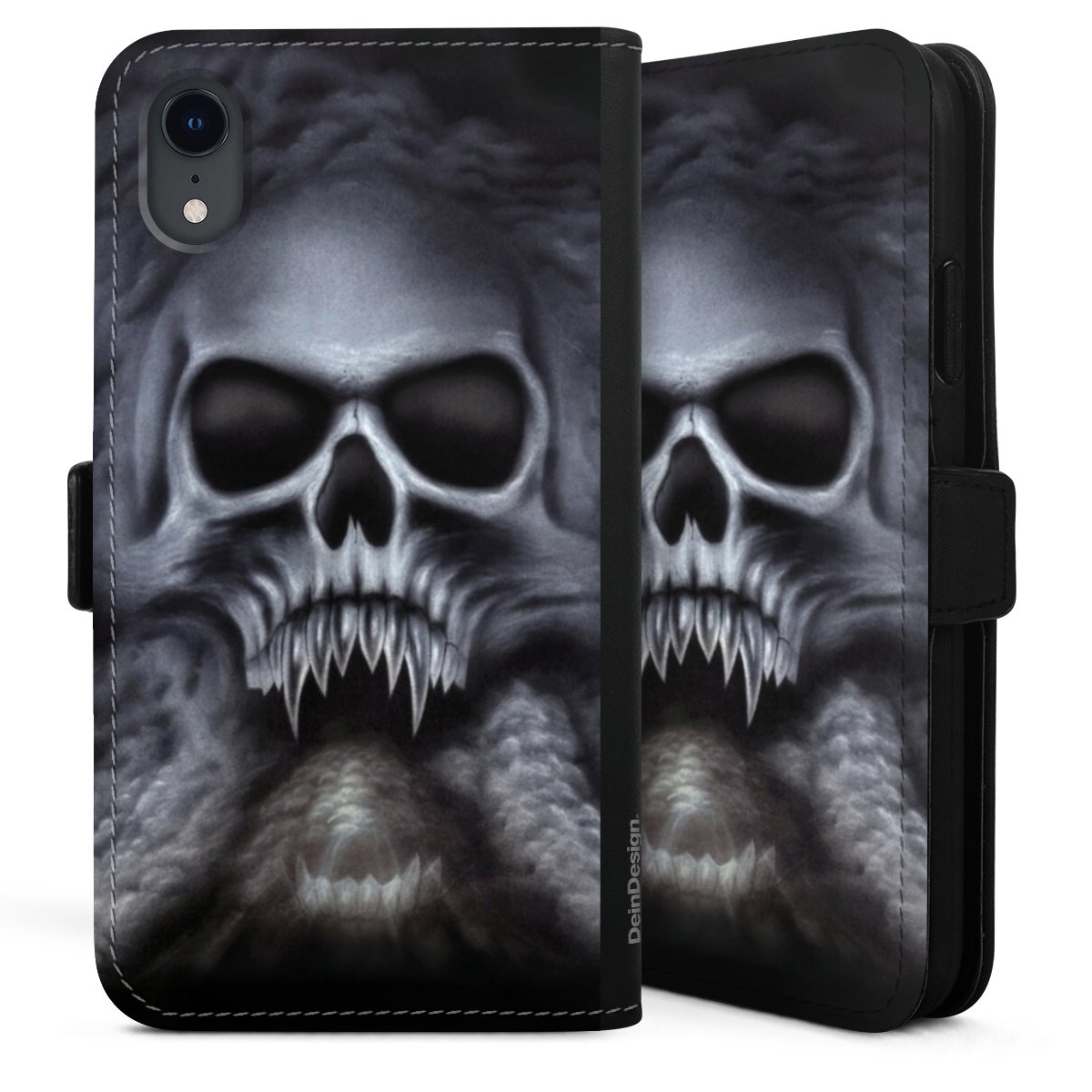 iPhone Xr Handy Klapphülle Handyhülle aus Kunst Leder schwarz Flip Case Totenkopf Skull Sideflip mit Lasche