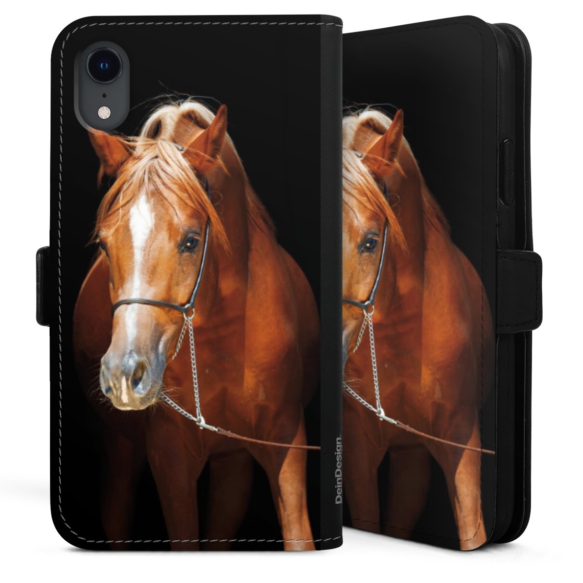 iPhone Xr Handy Klapphülle Handyhülle aus Kunst Leder schwarz Flip Case Mare Horse Hobby Sideflip mit Lasche