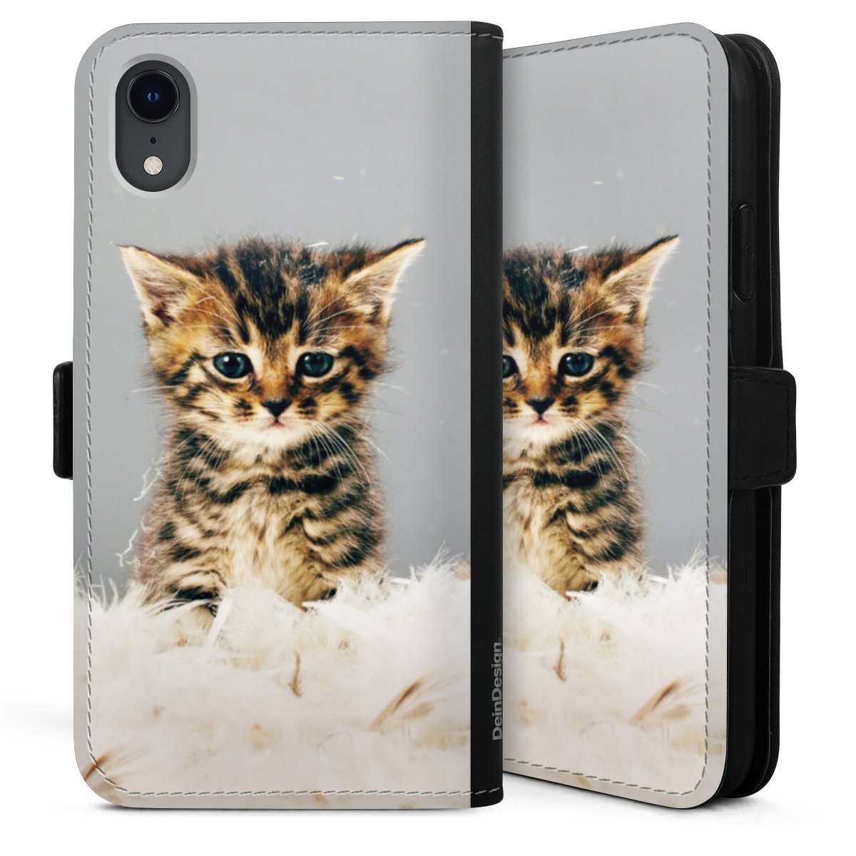 iPhone Xr Handy Klapphülle Handyhülle aus Kunst Leder schwarz Flip Case Cat Feather Pet Sideflip mit Lasche