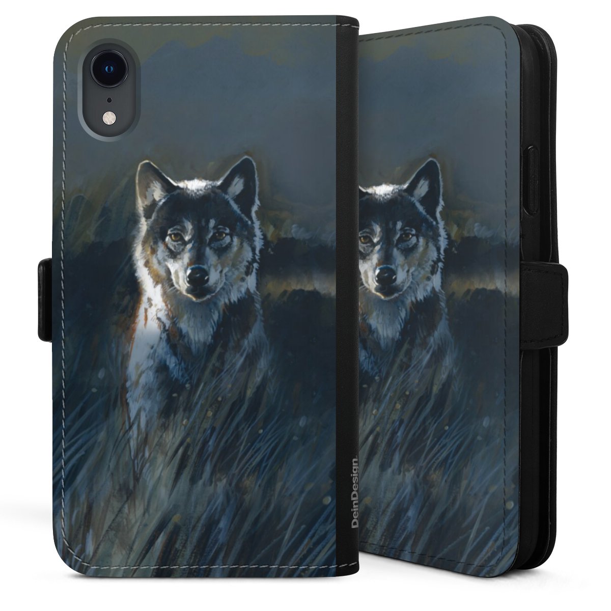 iPhone Xr Handy Klapphülle Handyhülle aus Kunst Leder schwarz Flip Case Nature Wolf Painting Sideflip mit Lasche