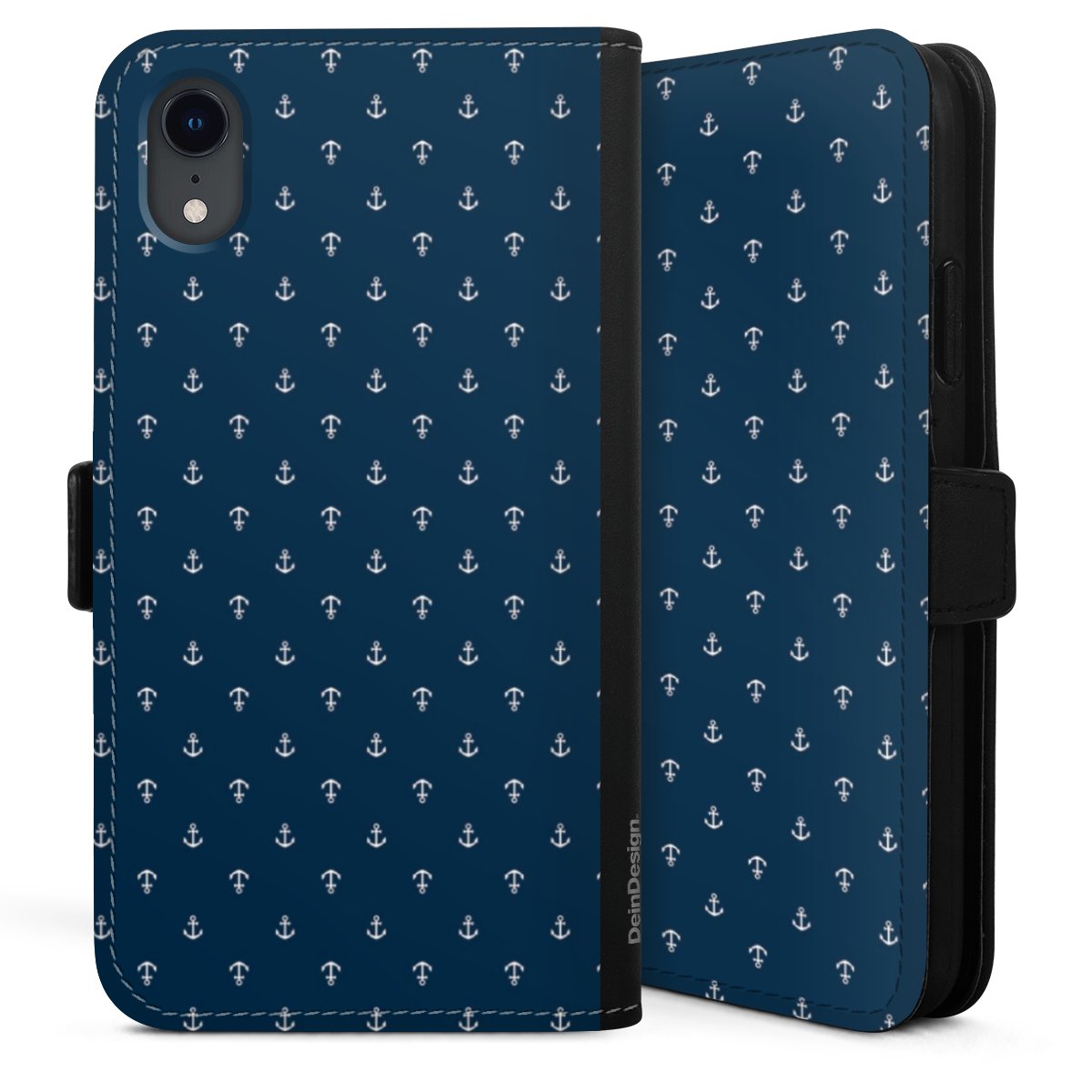 iPhone Xr Handy Klapphülle Handyhülle aus Kunst Leder schwarz Flip Case Muster Anchor Sail Sideflip mit Lasche