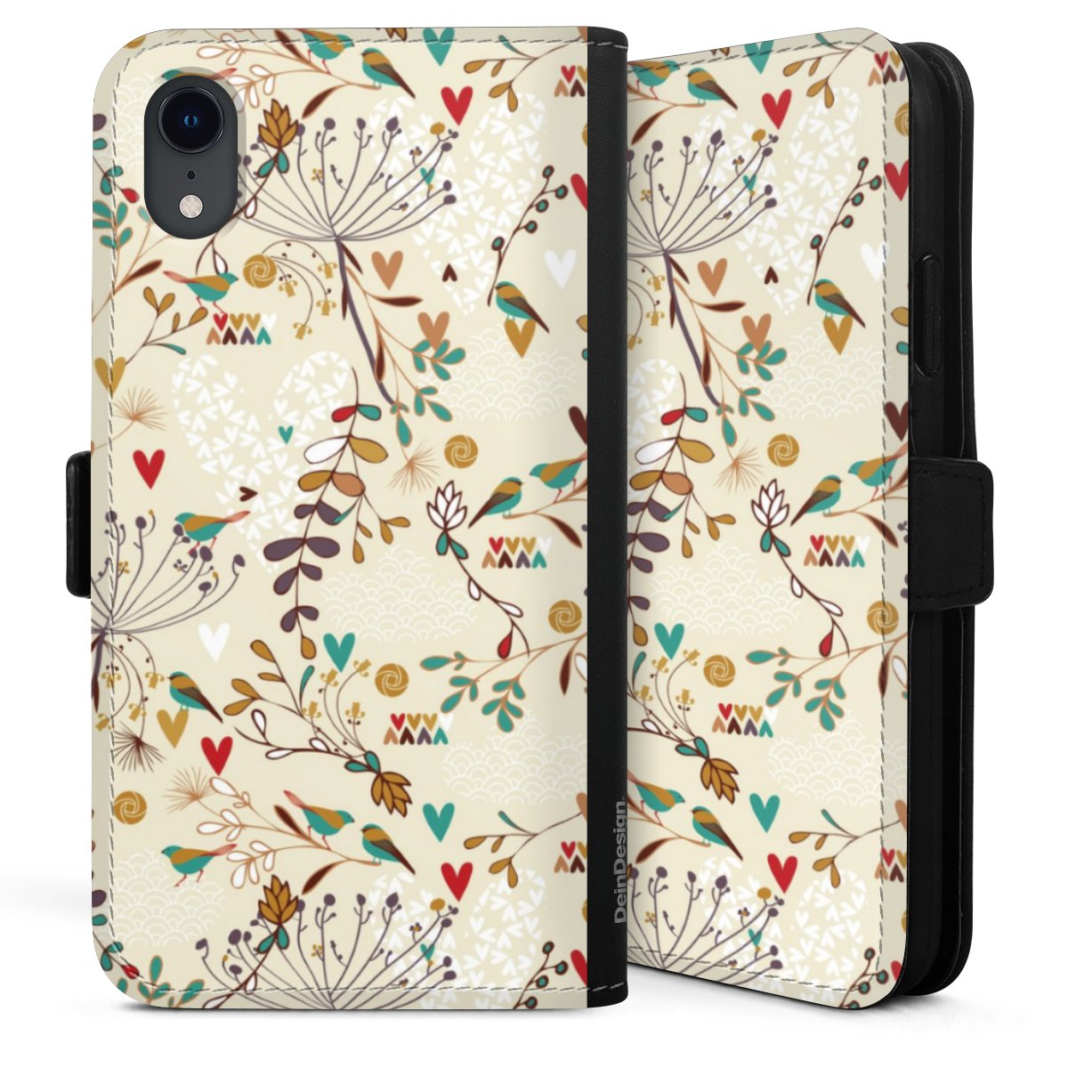 iPhone Xr Handy Klapphülle Handyhülle aus Kunst Leder schwarz Flip Case Bird Flowers Retro Sideflip mit Lasche