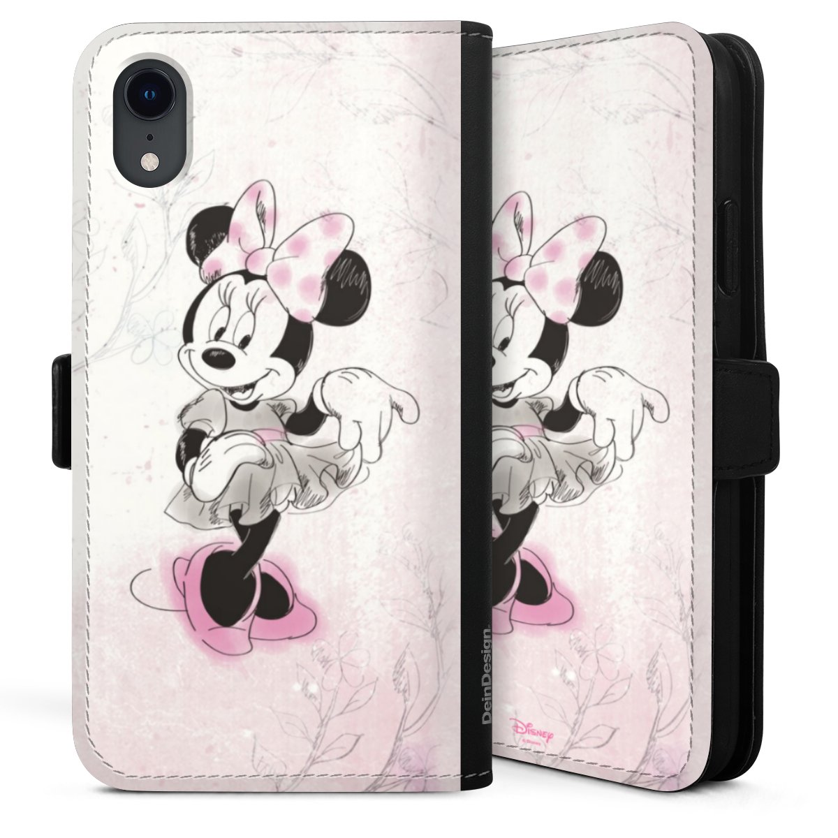 iPhone Xr Handy Klapphülle Handyhülle aus Kunst Leder schwarz Flip Case Disney Minnie Mouse Vintage Sideflip mit Lasche