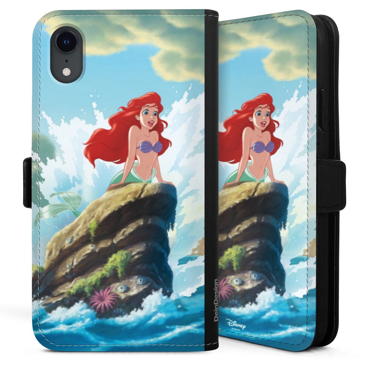 iPhone Xr Handy Klapphülle Handyhülle aus Kunst Leder schwarz Flip Case Mermaid Arielle Die Meerjungfrau Official Licensed Product Sideflip mit Lasche