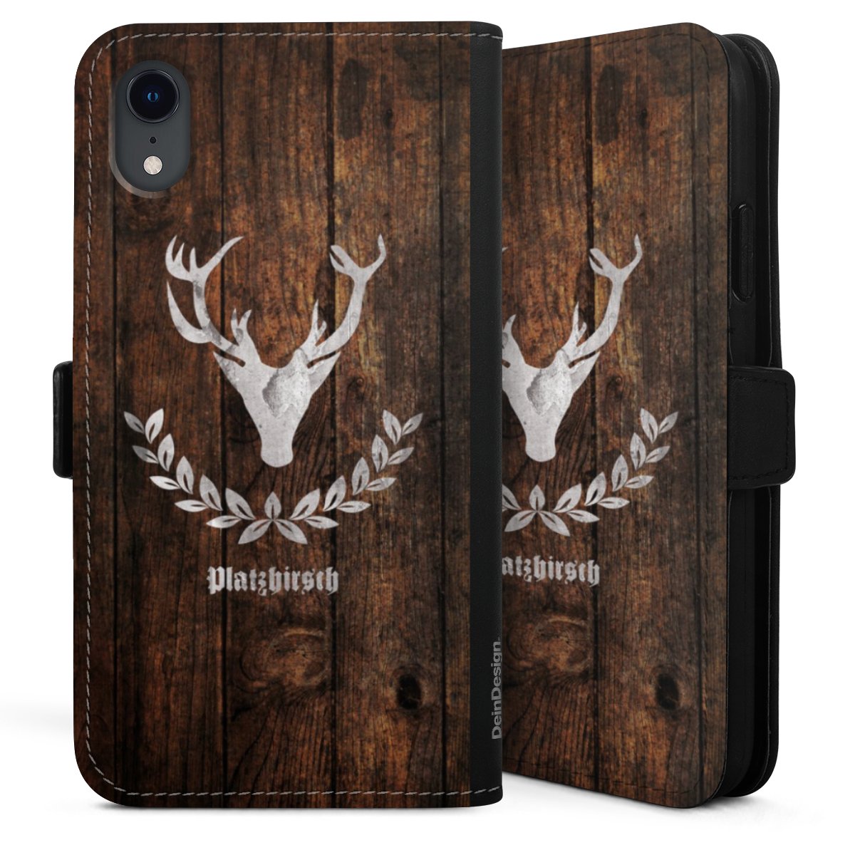 iPhone Xr Handy Klapphülle Handyhülle aus Kunst Leder schwarz Flip Case Deer Wood Wooden Look Sideflip mit Lasche