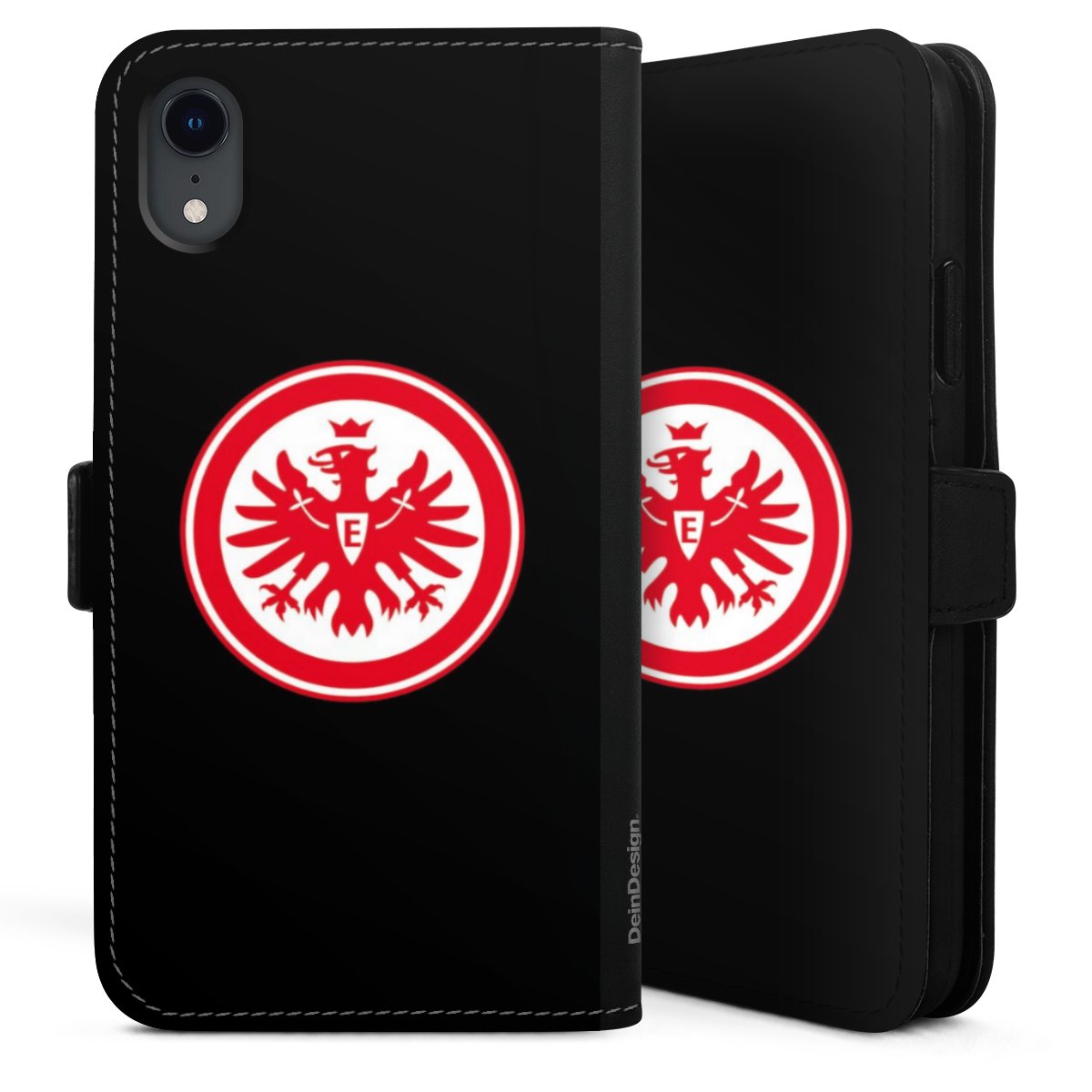 iPhone Xr Handy Klapphülle Handyhülle aus Kunst Leder schwarz Flip Case Eintracht Frankfurt Sge Eagle Sideflip mit Lasche