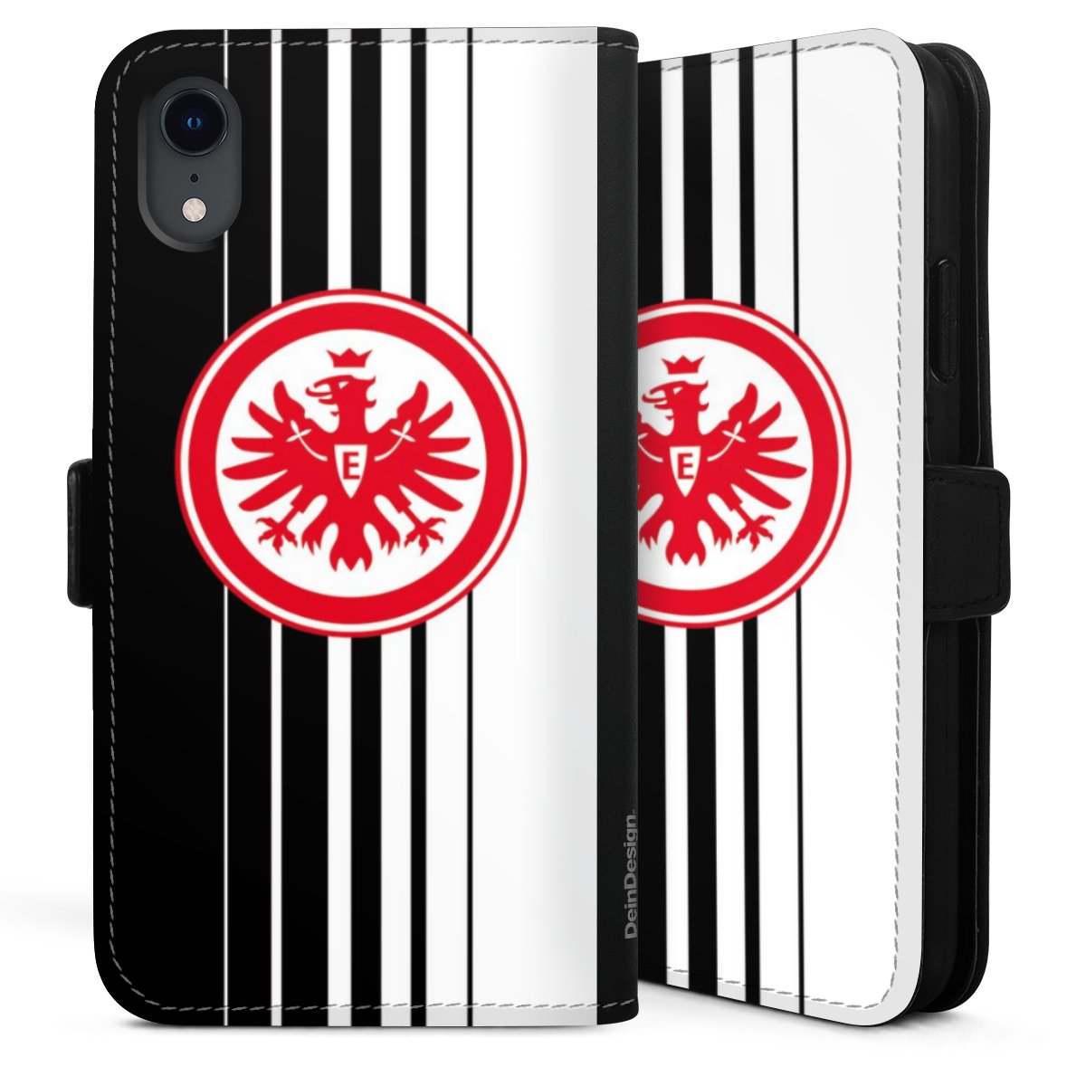 iPhone Xr Handy Klapphülle Handyhülle aus Kunst Leder schwarz Flip Case Stripes Eintracht Frankfurt Official Licensed Product Sideflip mit Lasche