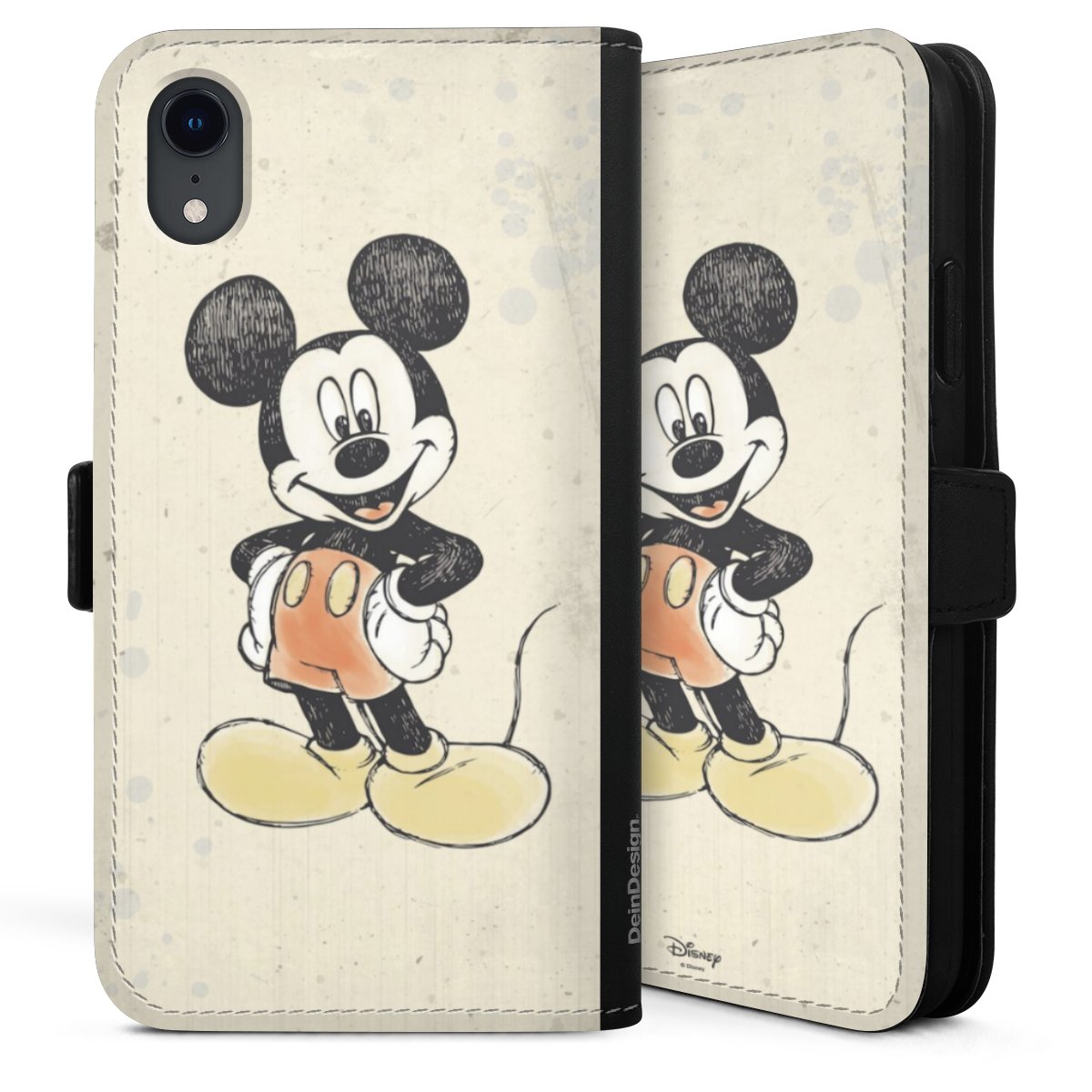 iPhone Xr Handy Klapphülle Handyhülle aus Kunst Leder schwarz Flip Case Water Colour Mickey & Minnie Mouse Official Licensed Product Sideflip mit Lasche