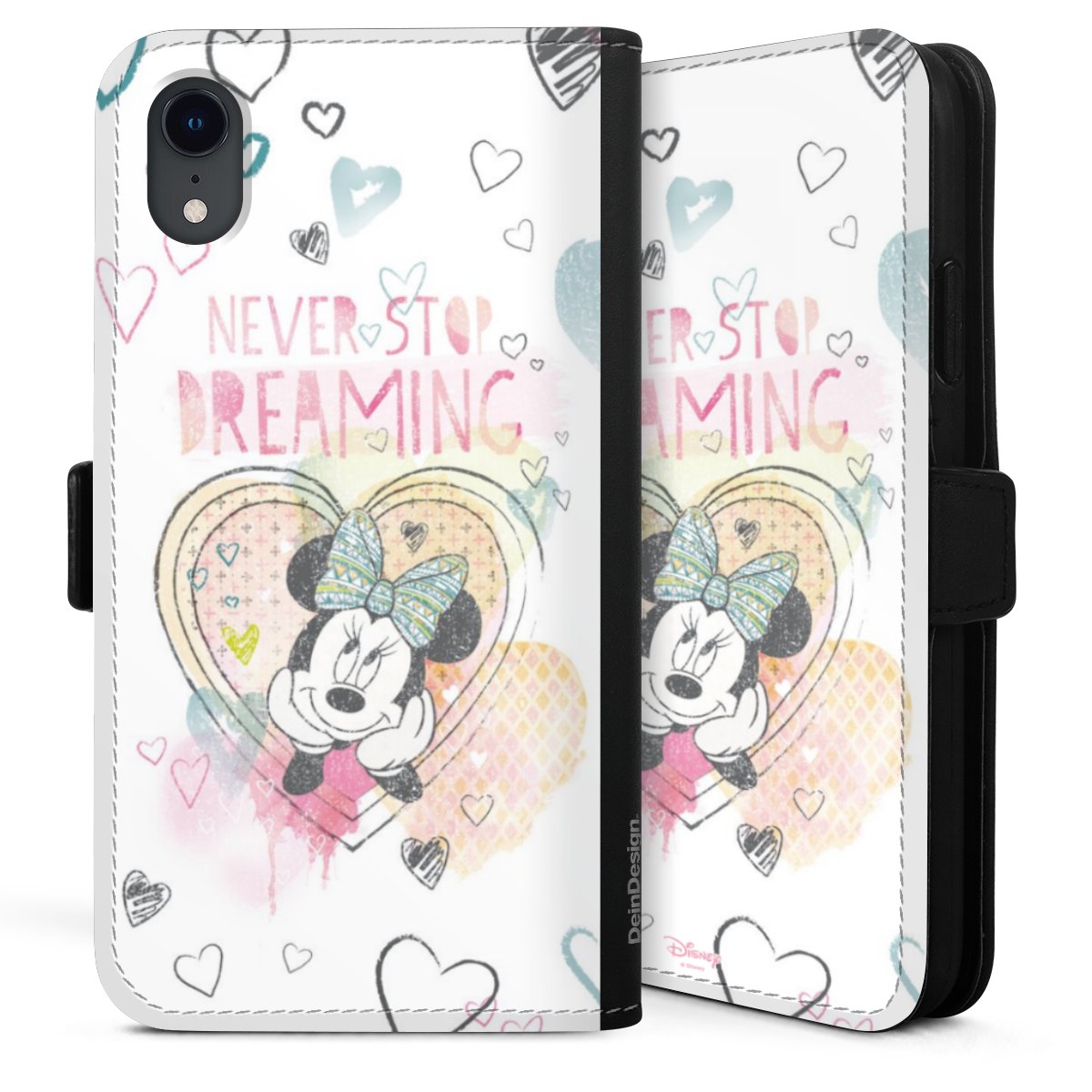 iPhone Xr Handy Klapphülle Handyhülle aus Kunst Leder schwarz Flip Case Disney Official Licensed Product Minnie Mouse Sideflip mit Lasche