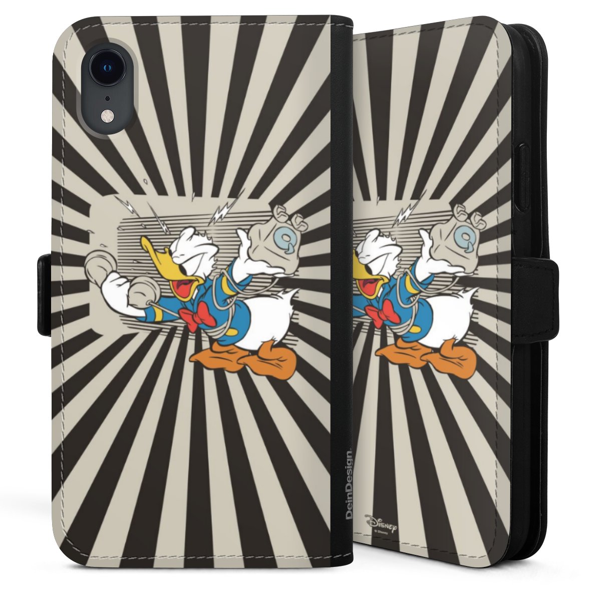 iPhone Xr Handy Klapphülle Handyhülle aus Kunst Leder schwarz Flip Case Donald Duck Disney Official Licensed Product Sideflip mit Lasche