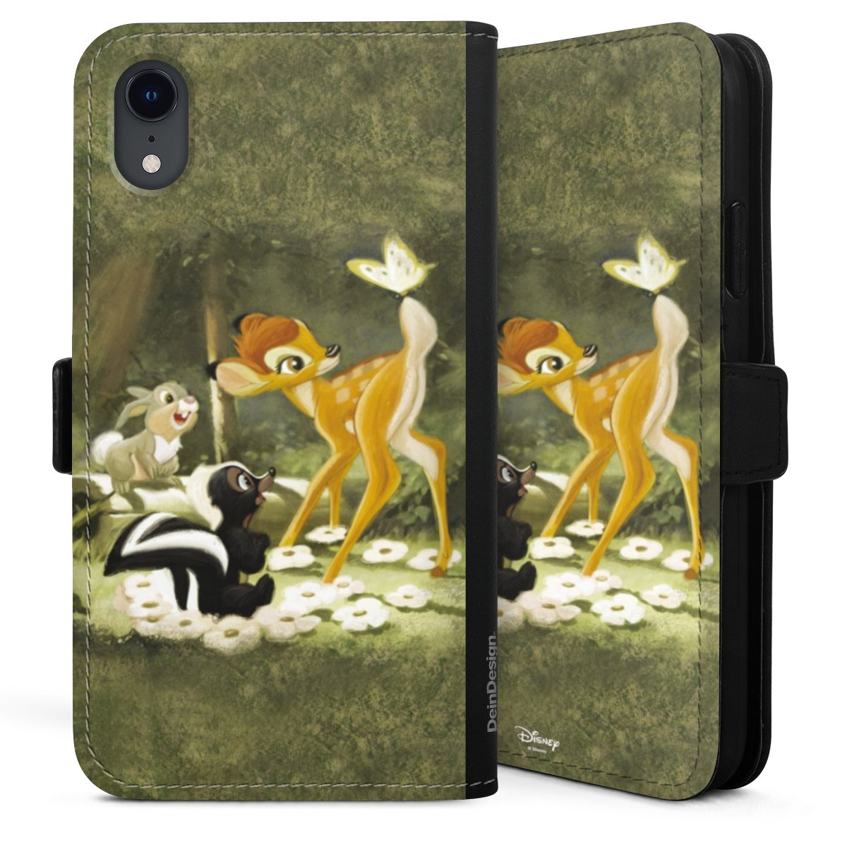 iPhone Xr Handy Klapphülle Handyhülle aus Kunst Leder schwarz Flip Case Disney Official Licensed Product Bambi Sideflip mit Lasche