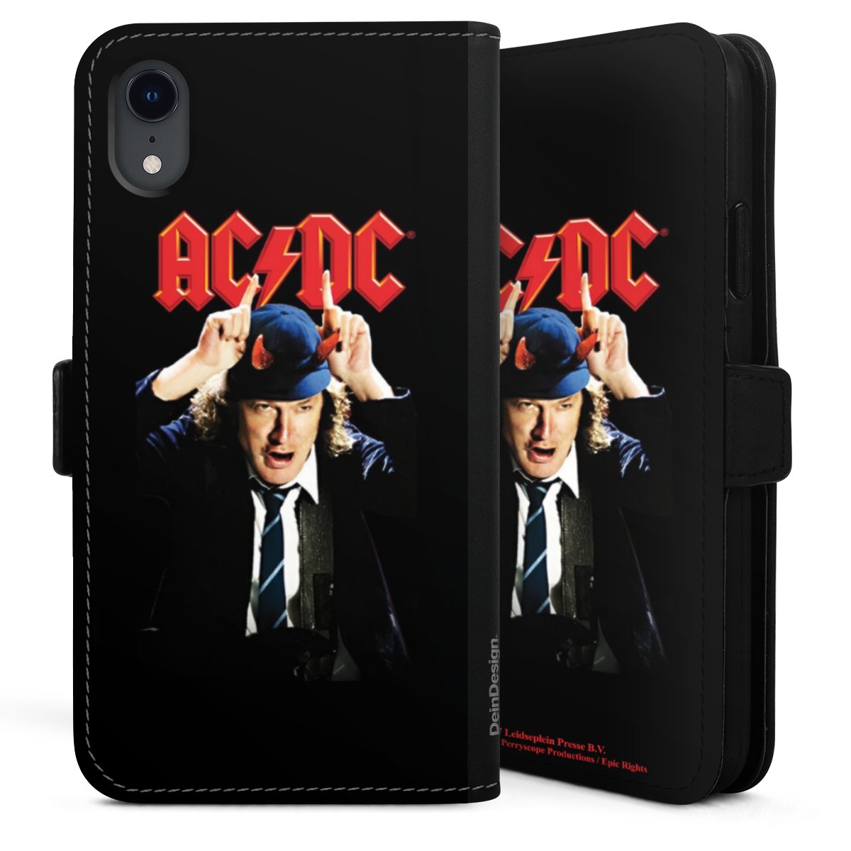 iPhone Xr Handy Klapphülle Handyhülle aus Kunst Leder schwarz Flip Case Merchandise Acdc Riverplate Sideflip mit Lasche