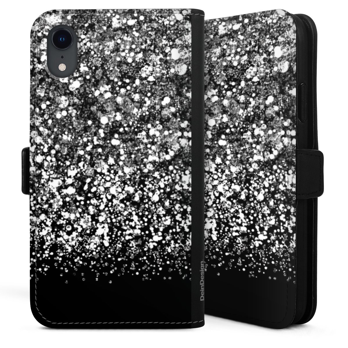 iPhone Xr Handy Klapphülle Handyhülle aus Kunst Leder schwarz Flip Case Glitzer Snowflake Muster Sideflip mit Lasche