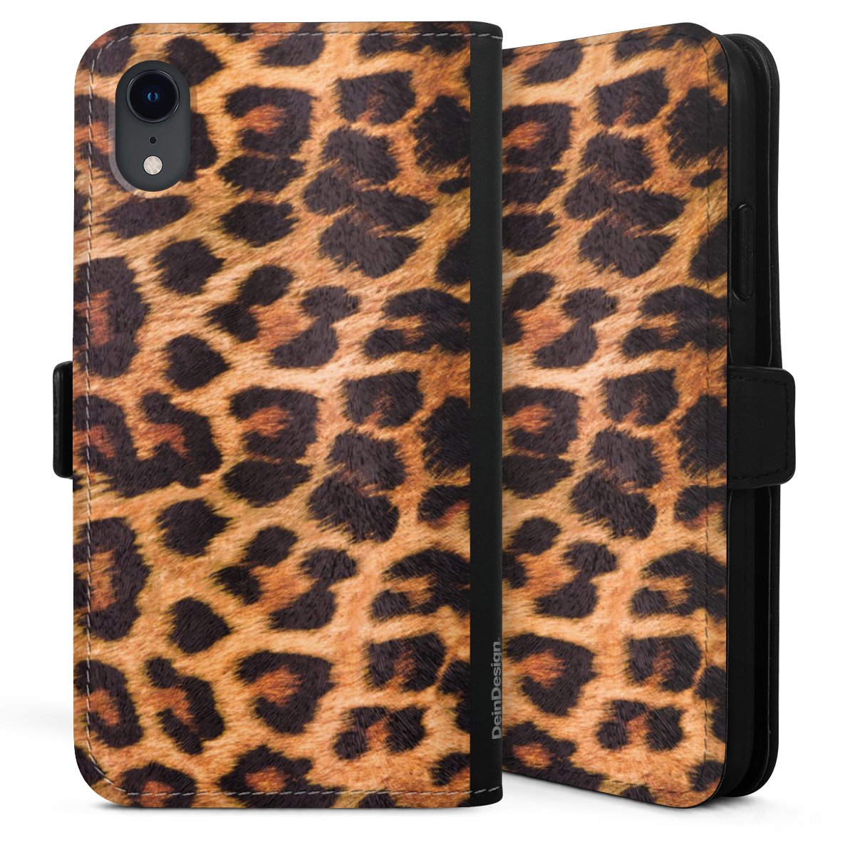 iPhone Xr Handy Klapphülle Handyhülle aus Kunst Leder schwarz Flip Case Animal Print Leopard Fur Sideflip mit Lasche