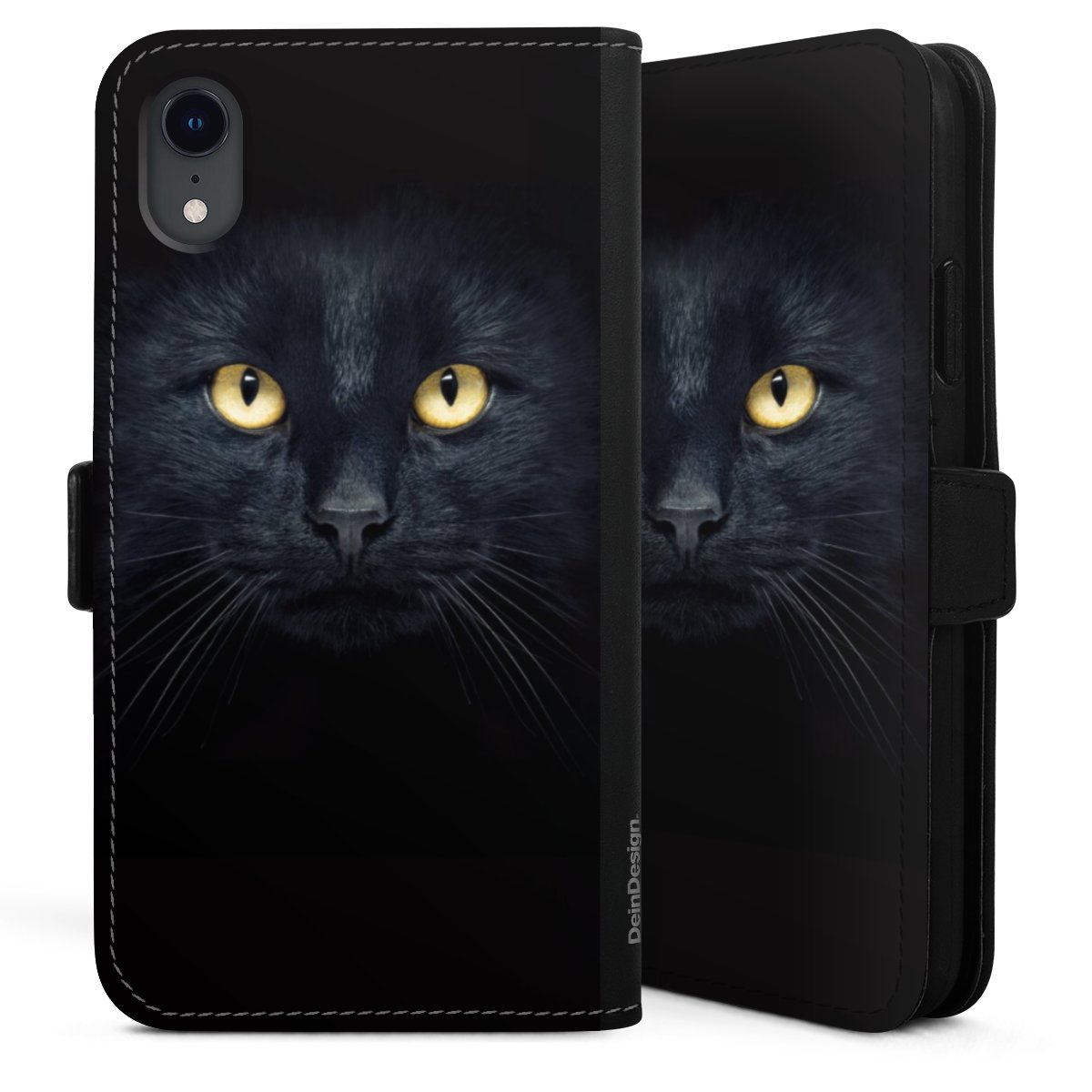 iPhone Xr Handy Klapphülle Handyhülle aus Kunst Leder schwarz Flip Case Eye Cat Black Sideflip mit Lasche