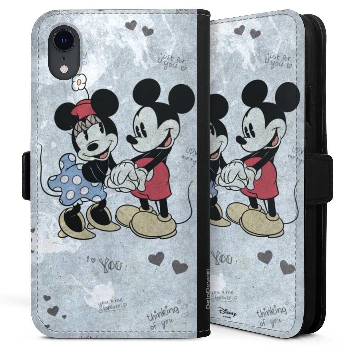 iPhone Xr Handy Klapphülle Handyhülle aus Kunst Leder schwarz Flip Case Mickey & Minnie Mouse Vintage Disney Sideflip mit Lasche