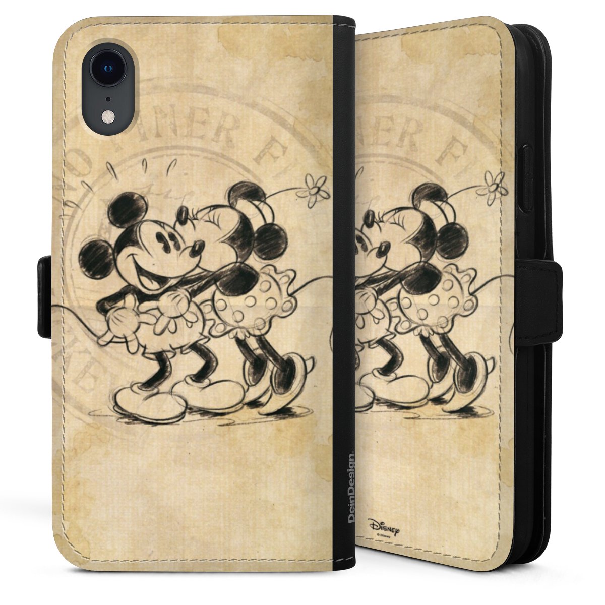 iPhone Xr Handy Klapphülle Handyhülle aus Kunst Leder schwarz Flip Case Mickey Mouse Vintage Minnie Mouse Sideflip mit Lasche