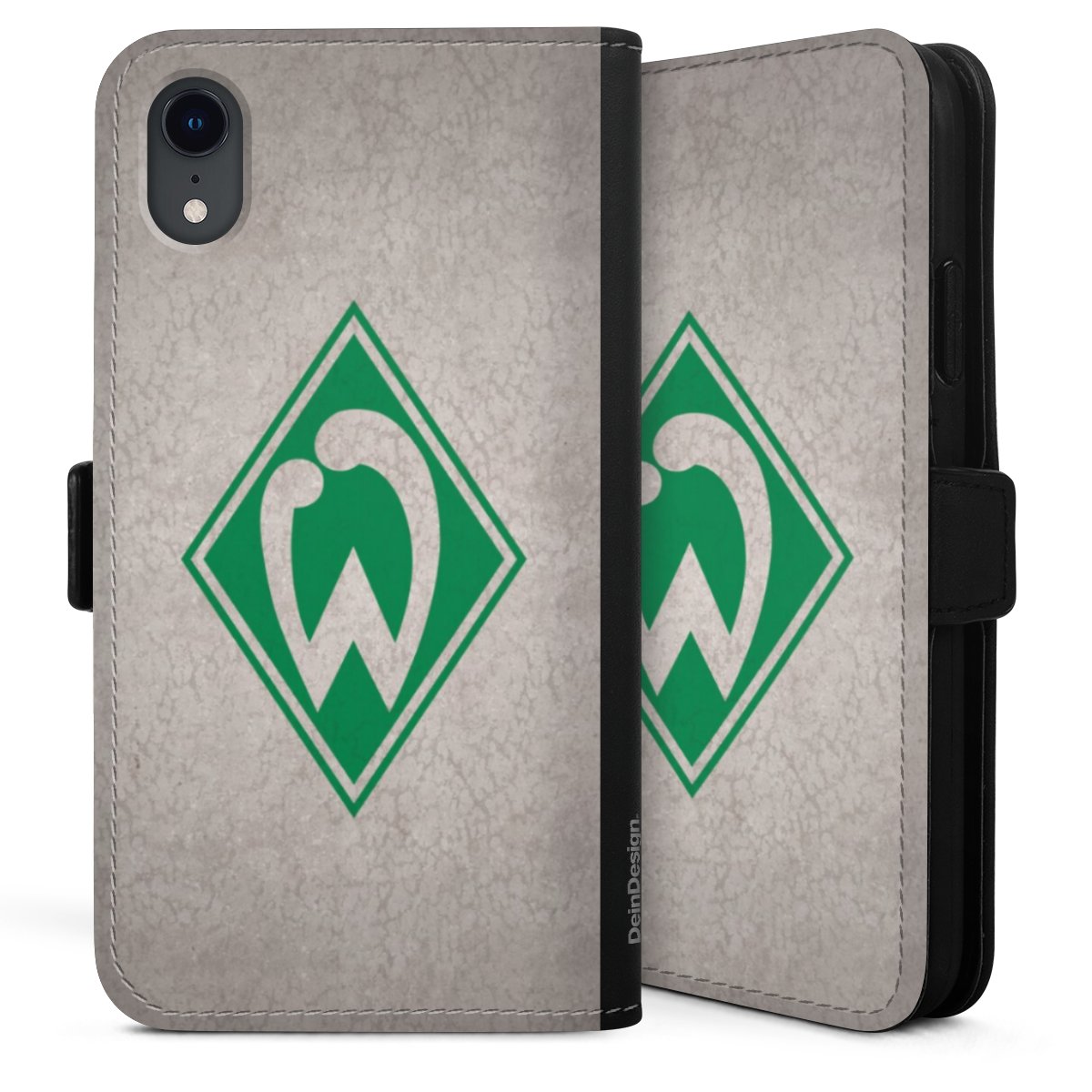 iPhone Xr Handy Klapphülle Handyhülle aus Kunst Leder schwarz Flip Case Sv Werder Bremen Concrete Official Licensed Product Sideflip mit Lasche